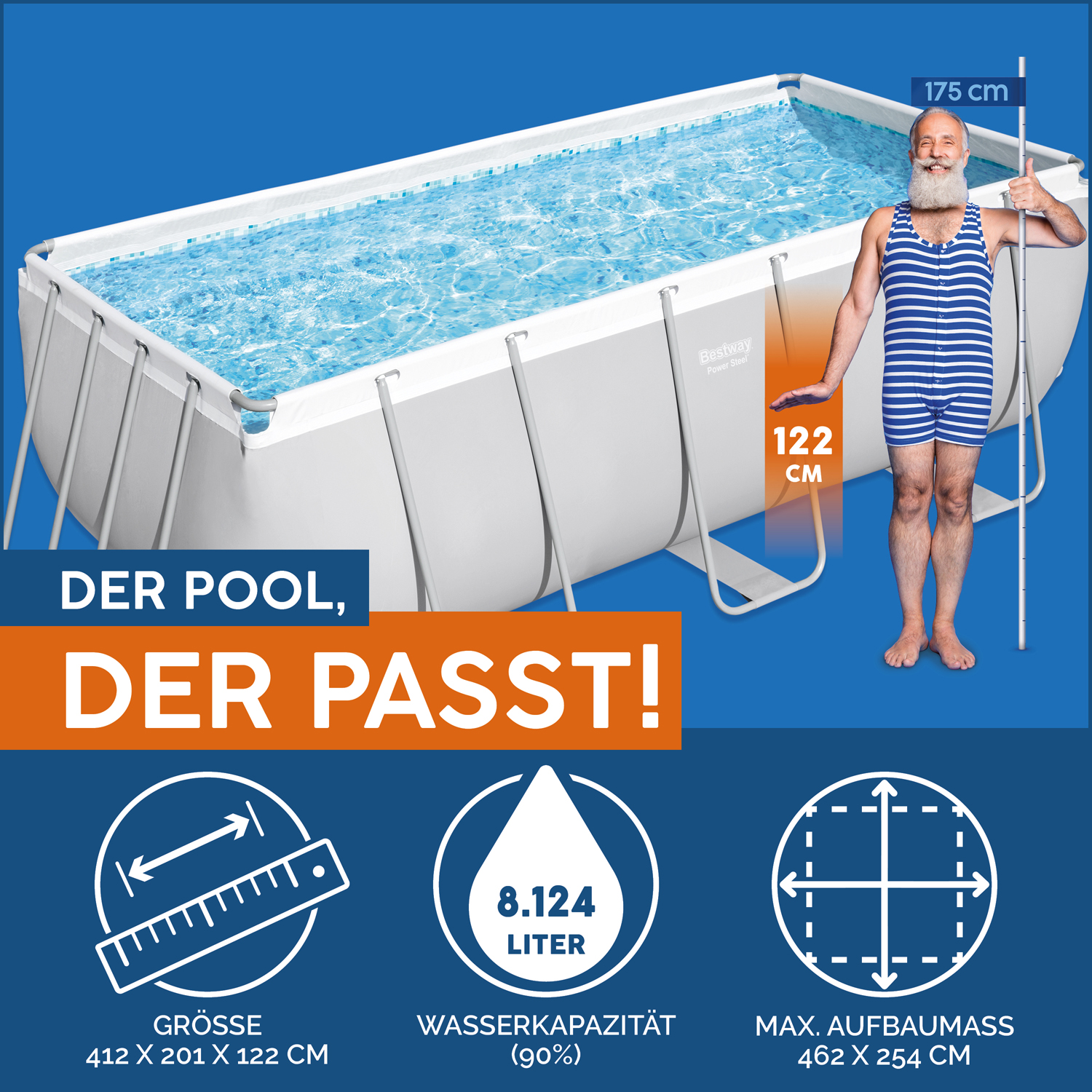 Power Steel™ Frame Pool-Set mit Filterpumpe 412 x 201 x 122 cm , lichtgrau, eckig