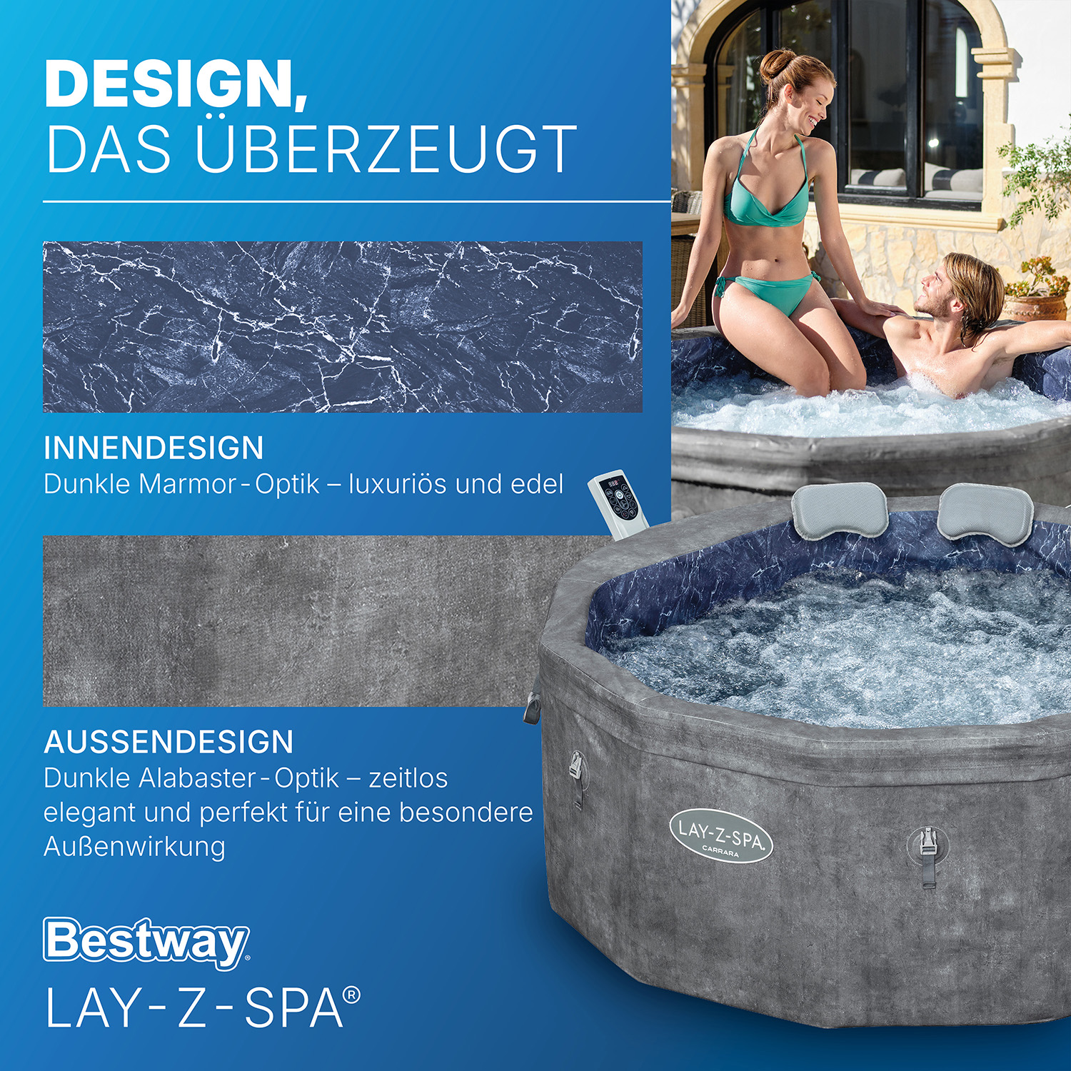 LAY-Z-SPA® Energiespar Whirlpool Carrara AirJet™ mit App-Steuerung, für 6 Personen, Ø 170 x 65 cm, Alabaster-Optik