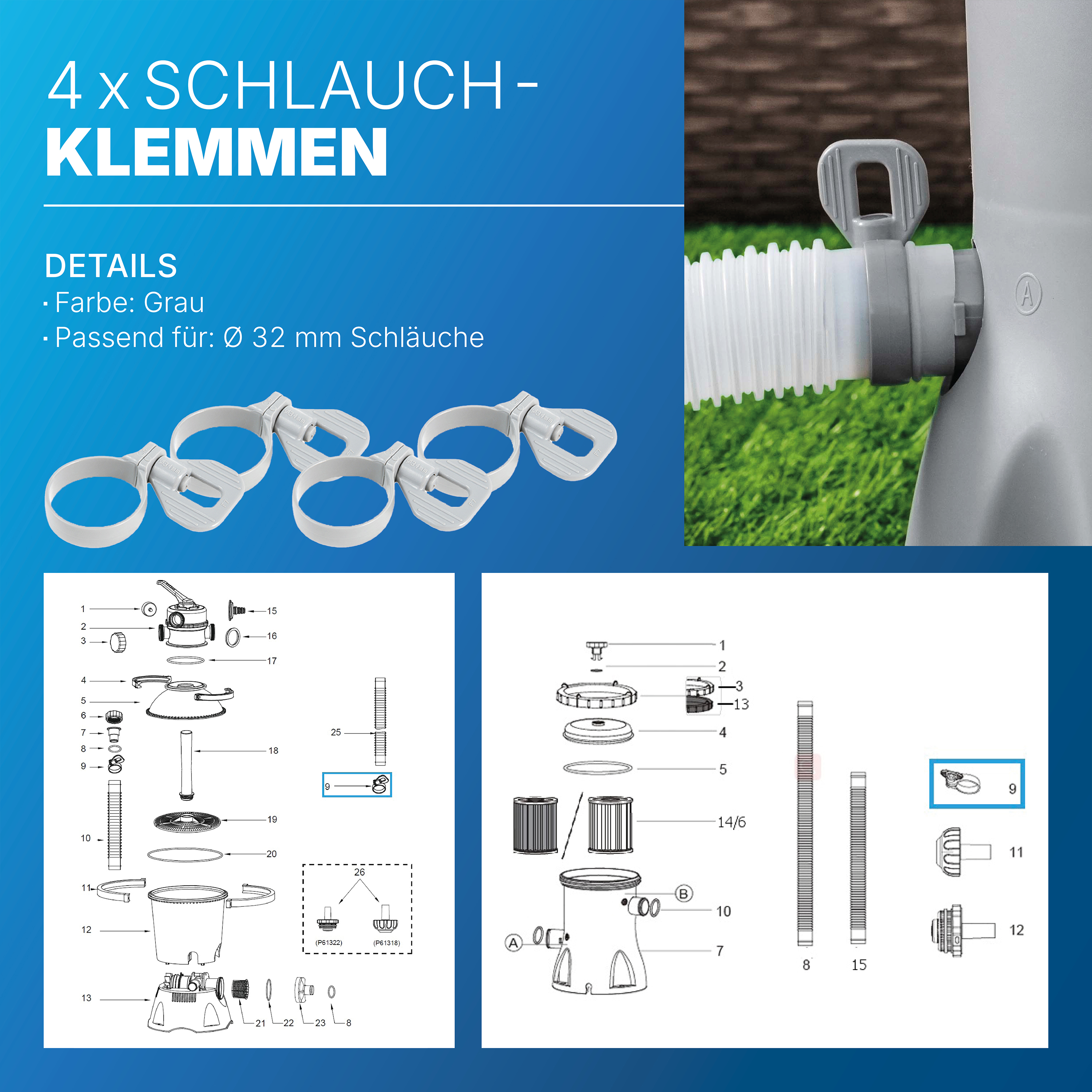 Bestway® Spare Part Hose set  (2 pcs / white / Ø 32 mm / 150 cm) clamp set (grey / 4 pcs) included Bestway® Spare Part Hose set  (2 pcs / white / Ø 32 mm / 150 cm) clamp set (grey / 4 pcs) included