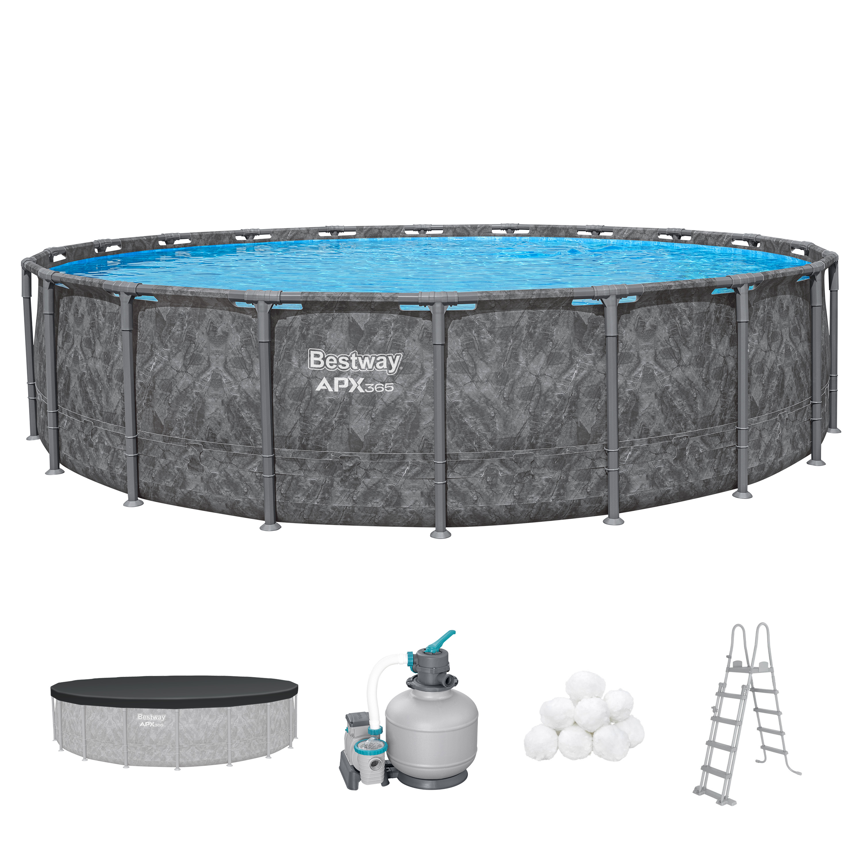 APX365™ Winterfestes Frame Pool Komplett Set mit Sandfilteranlage Ø 610 x 132 cm, Marmor-Optik (Dunkel), rund