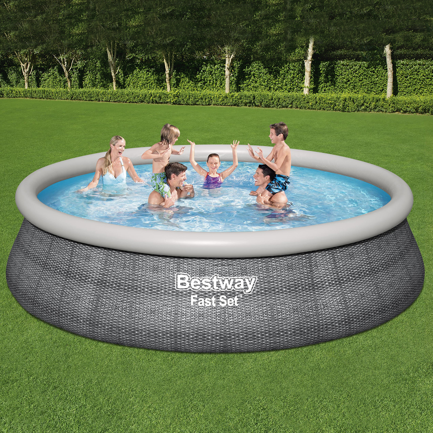 Fast Set™ Aufstellpool-Set mit Filterpumpe Ø 457 x 107 cm, Rattan-Optik (Schiefergrau), rund Fast Set™ Aufstellpool-Set mit Filterpumpe Ø 457 x 107 cm, Rattan-Optik (Schiefergrau), rund