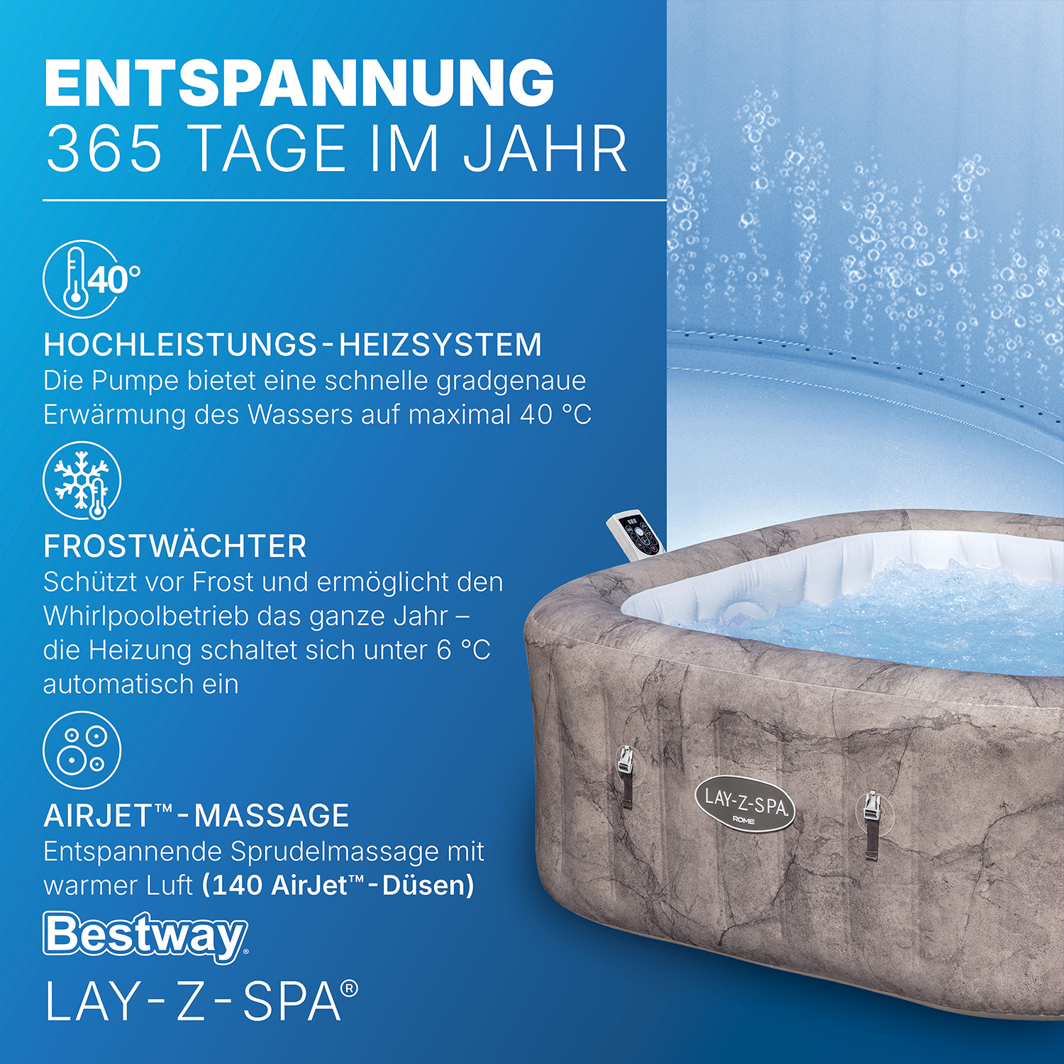 LAY-Z-SPA® Energiespar Whirlpool Rome AirJet™ mit App-Steuerung, für 6 Personen, 180 x 180 x 71 cm, Marmor-Optik (Braun)
