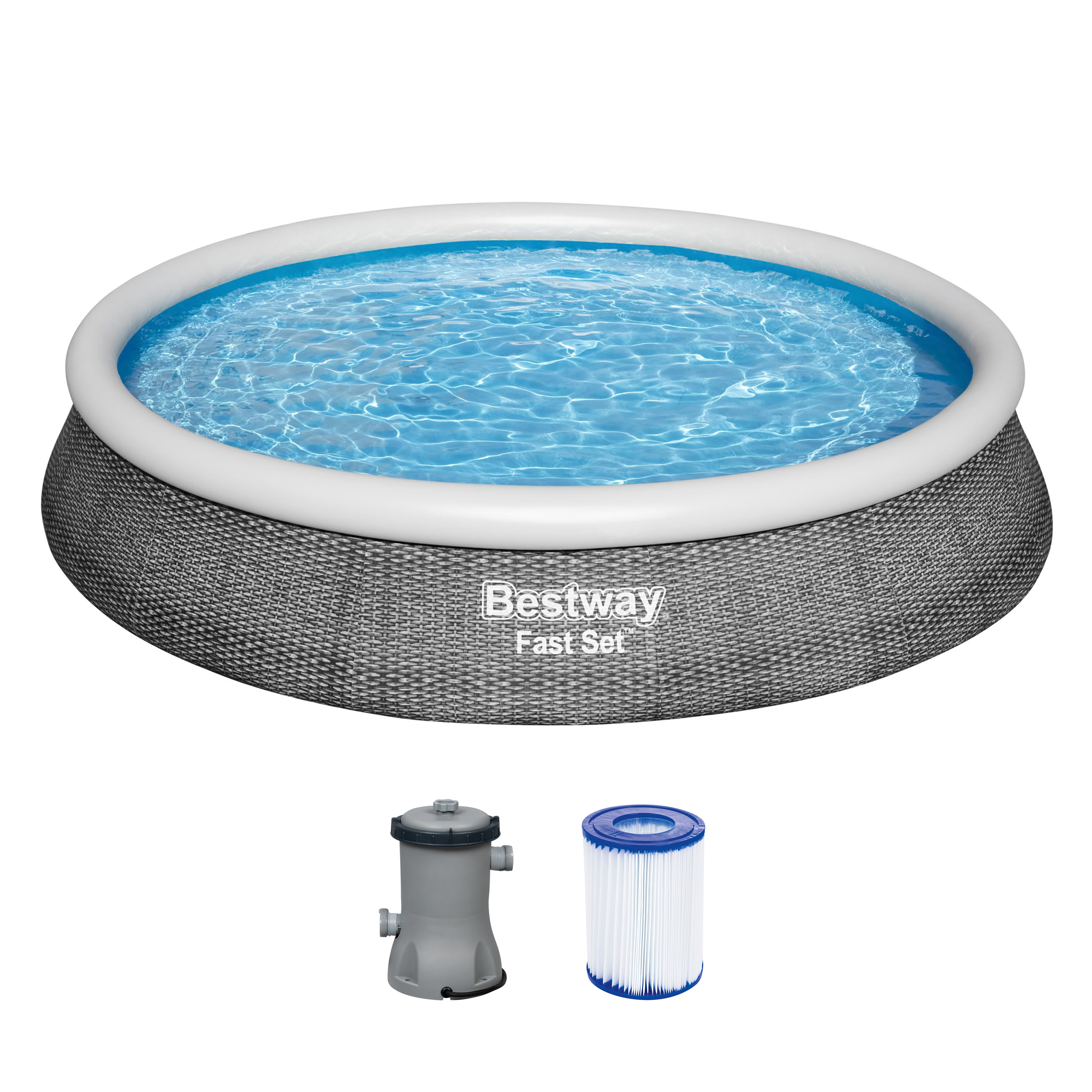 Fast Set™ Aufstellpool Set mit Filterpumpe Ø 396 x 84 cm, Rattan-Optik (Schiefergrau), rund