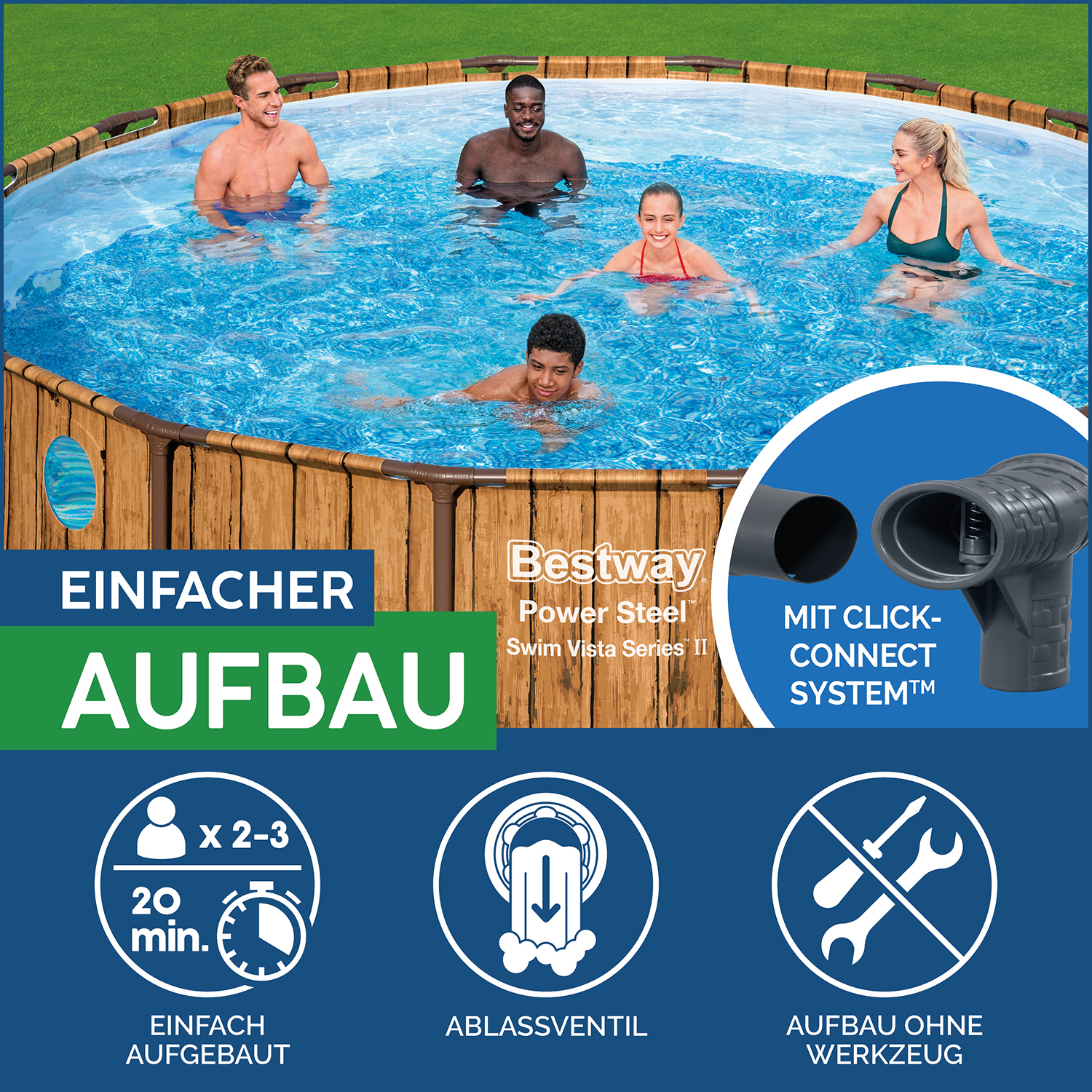 Steel Pro MAX™ Splashview™ Frame Pool Komplett-Set mit Filterpumpe Ø 488 x 122 cm, Holz-Optik (Pinie), rund