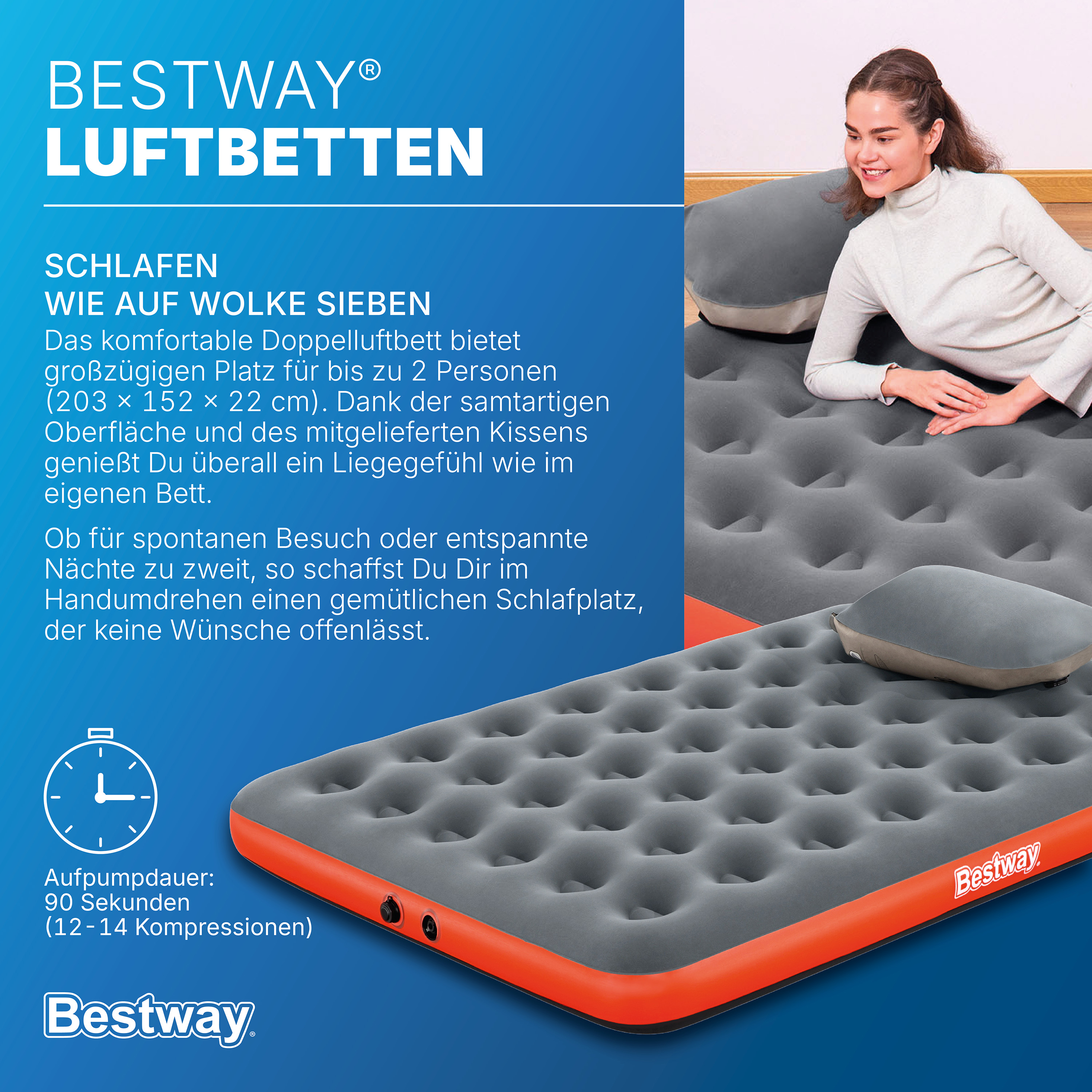 Doppelluftbett Roll & Relax mit Kissenpumpe 203 x 152 x 22 cm
