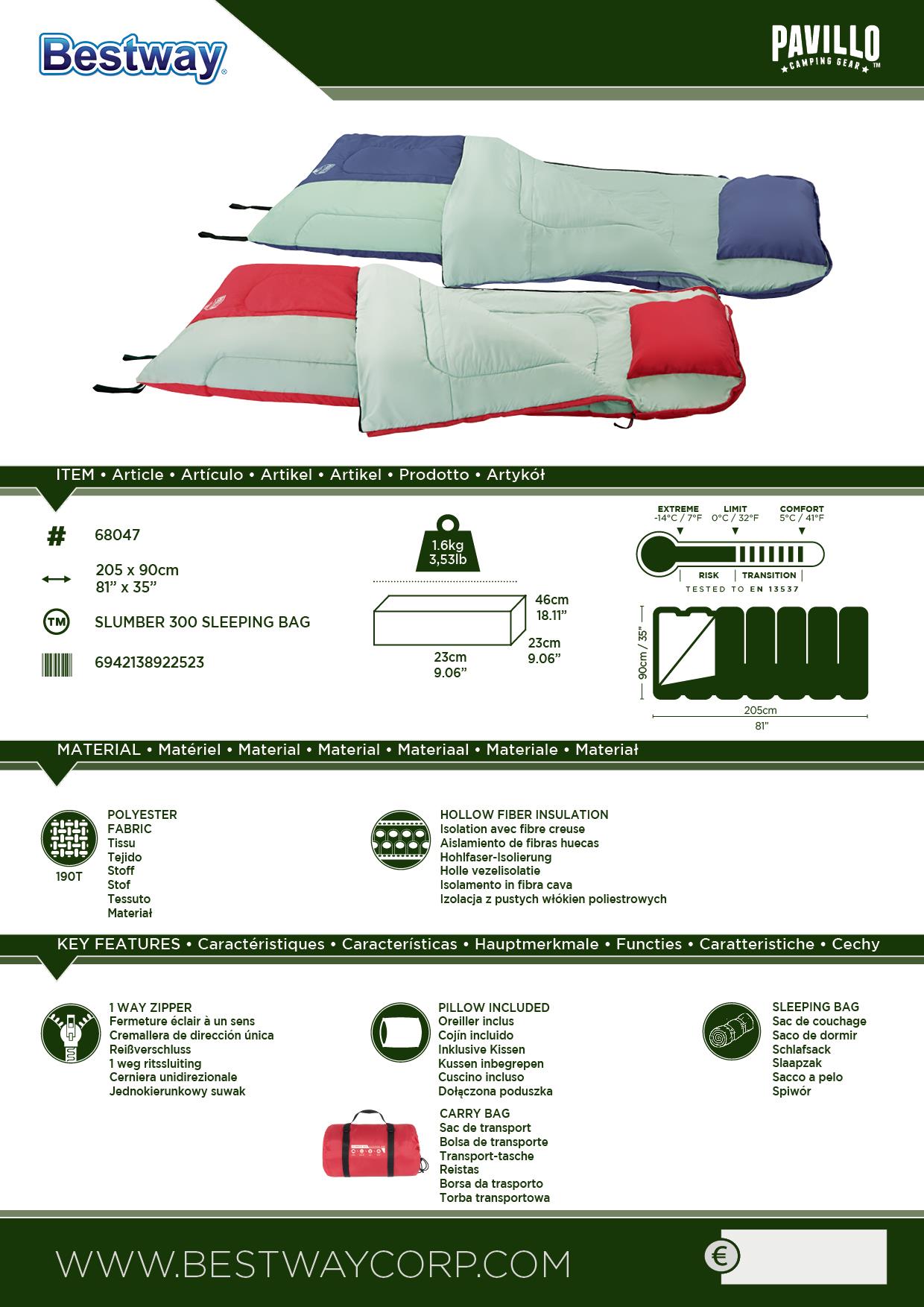 Pavillo™ Slumber 300 Sleeping Bag 205x90 cm, Deckenschlafsack mit Kopfteil