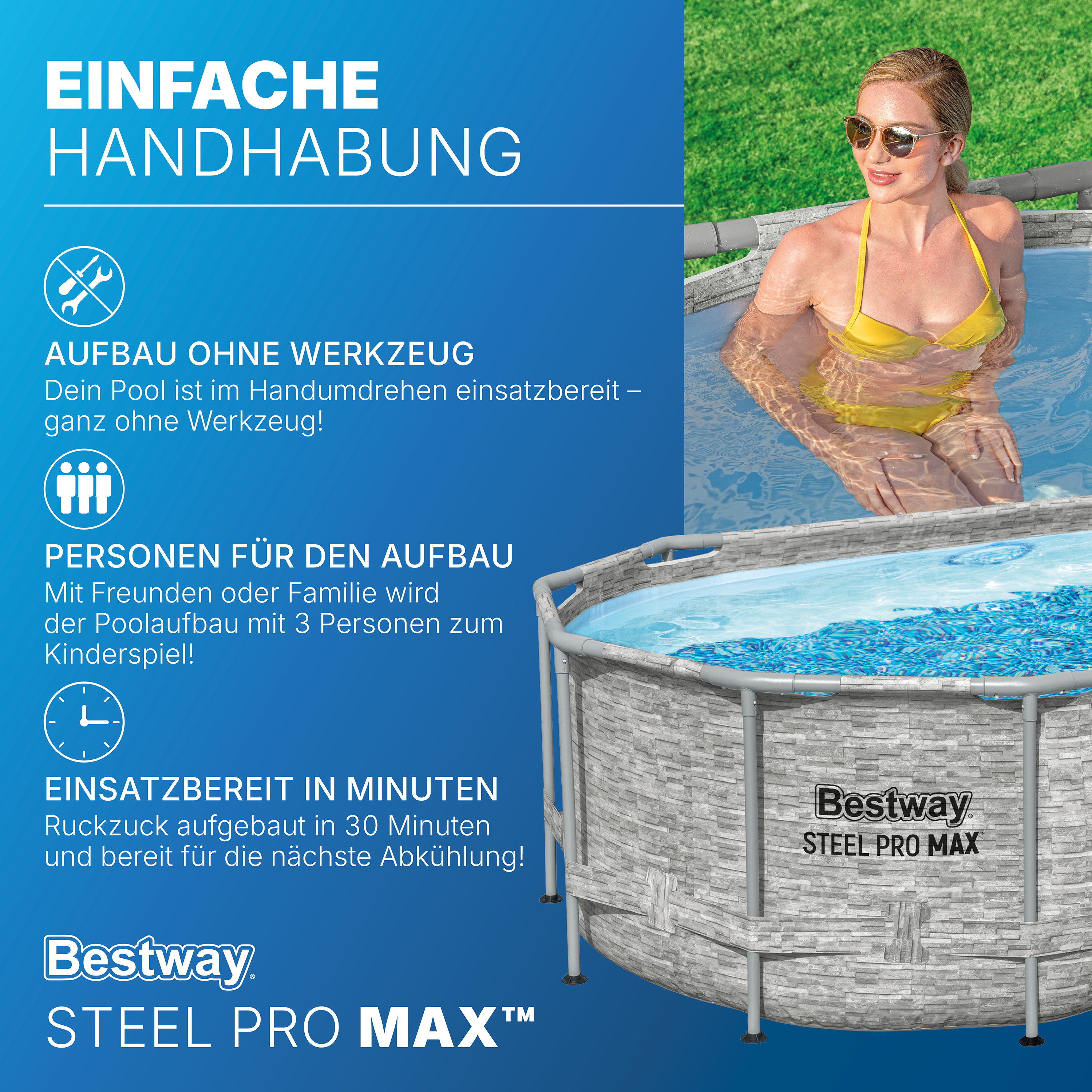 Steel Pro MAX™ Splashview™ Solo Pool ohne Zubehör 549 x 274 x 122 cm, Steinwand-Optik (Cremegrau), oval