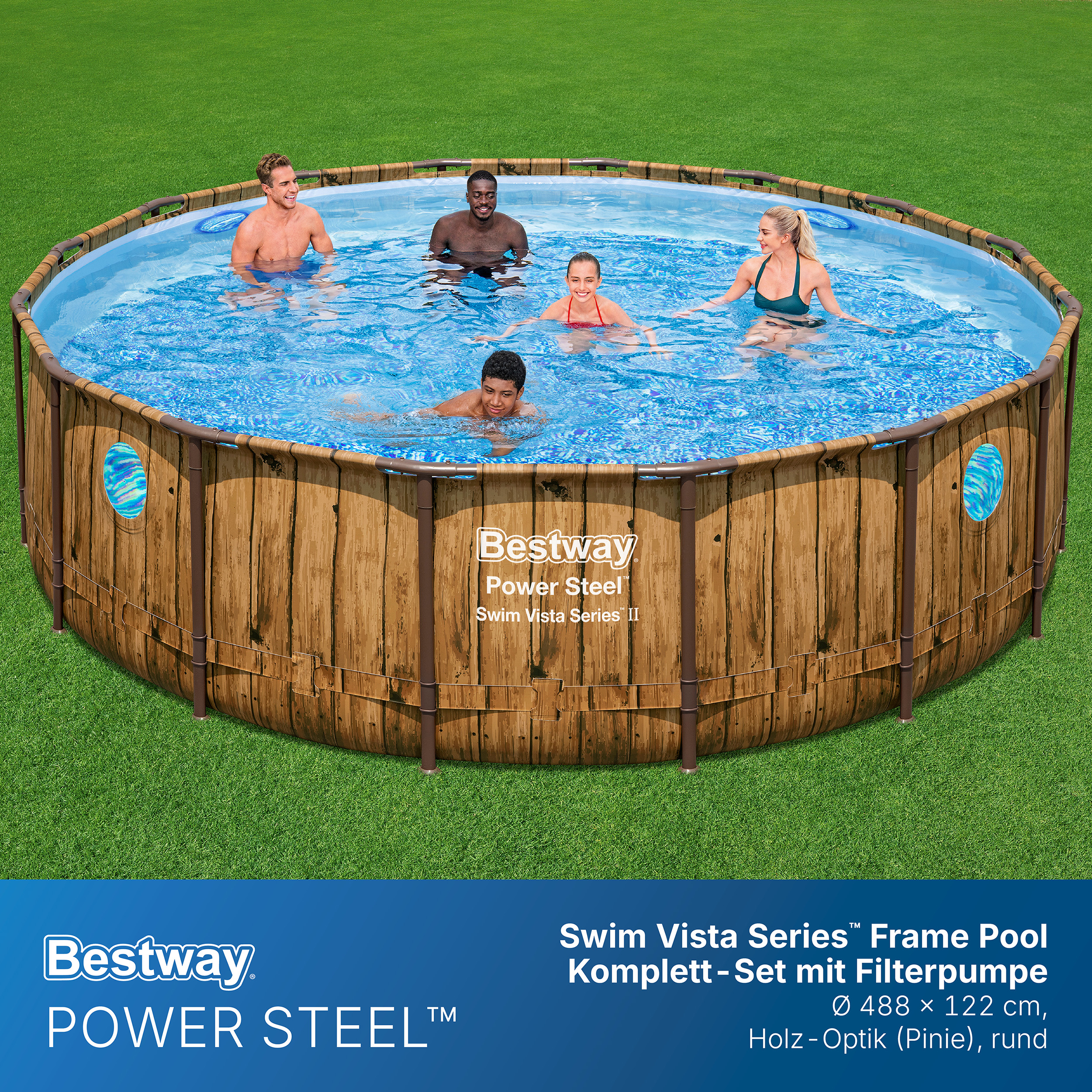 Power Steel™ Swim Vista Series™ Frame Pool Komplett Set mit Filterpumpe Ø 488 x 122 cm, Holz-Optik (Pinie), rund