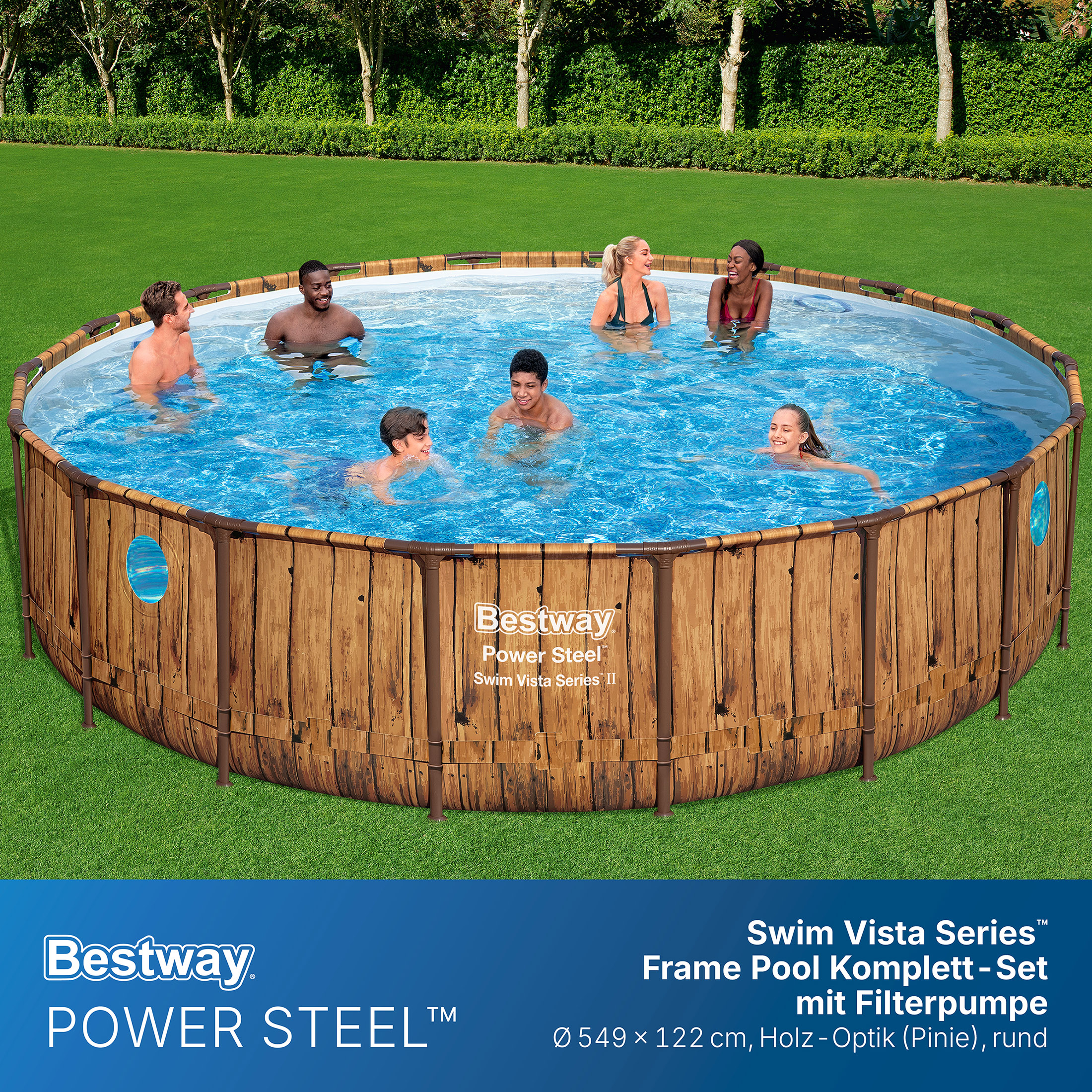 Power Steel™ Swim Vista Series™ Frame Pool Komplett Set mit Filterpumpe Ø 549 x 122 cm, Holz-Optik (Pinie), rund