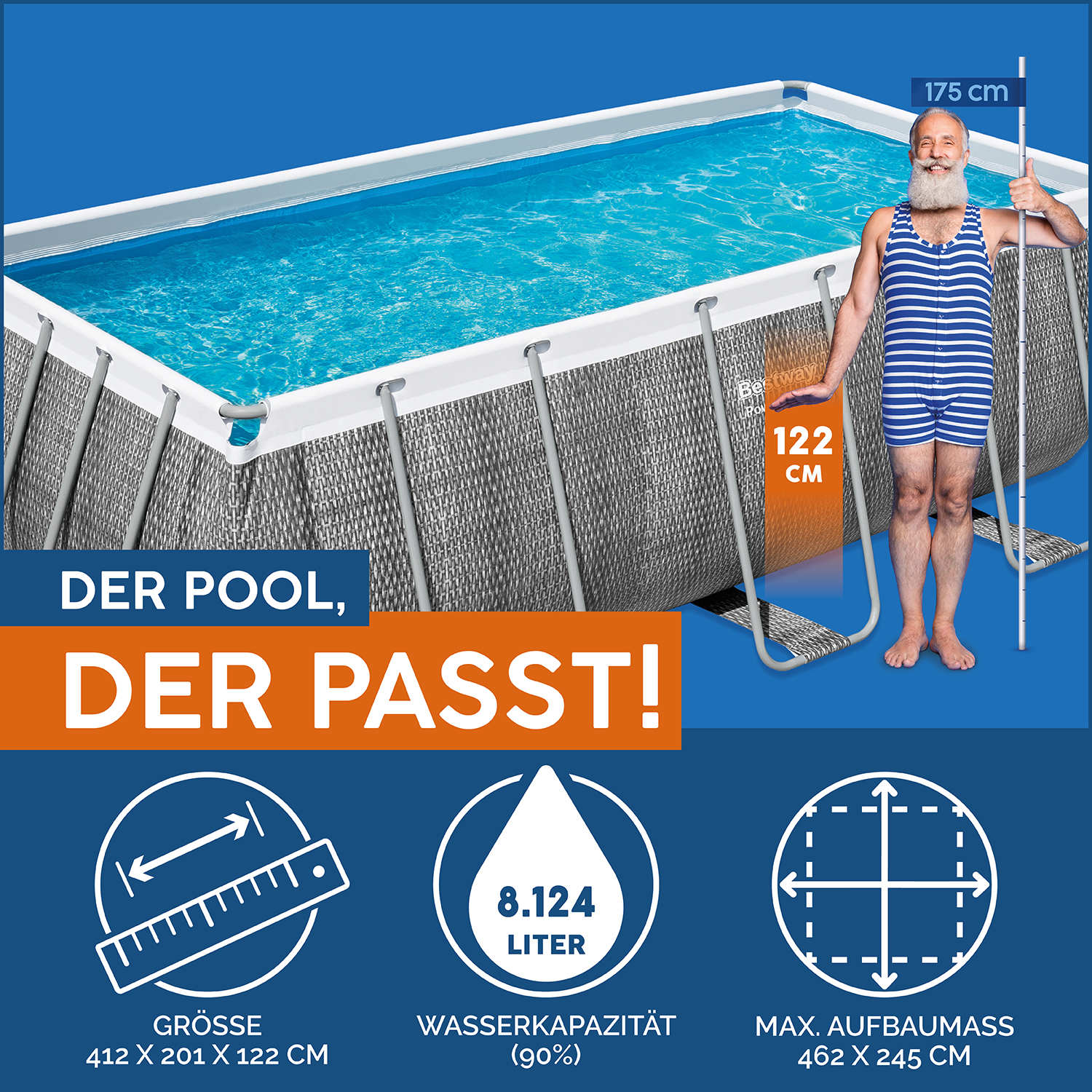 Power Steel™ Frame Pool Set mit Filterpumpe 412 x 201 x 122 cm, Rattan-Optik (Schiefergrau), eckig