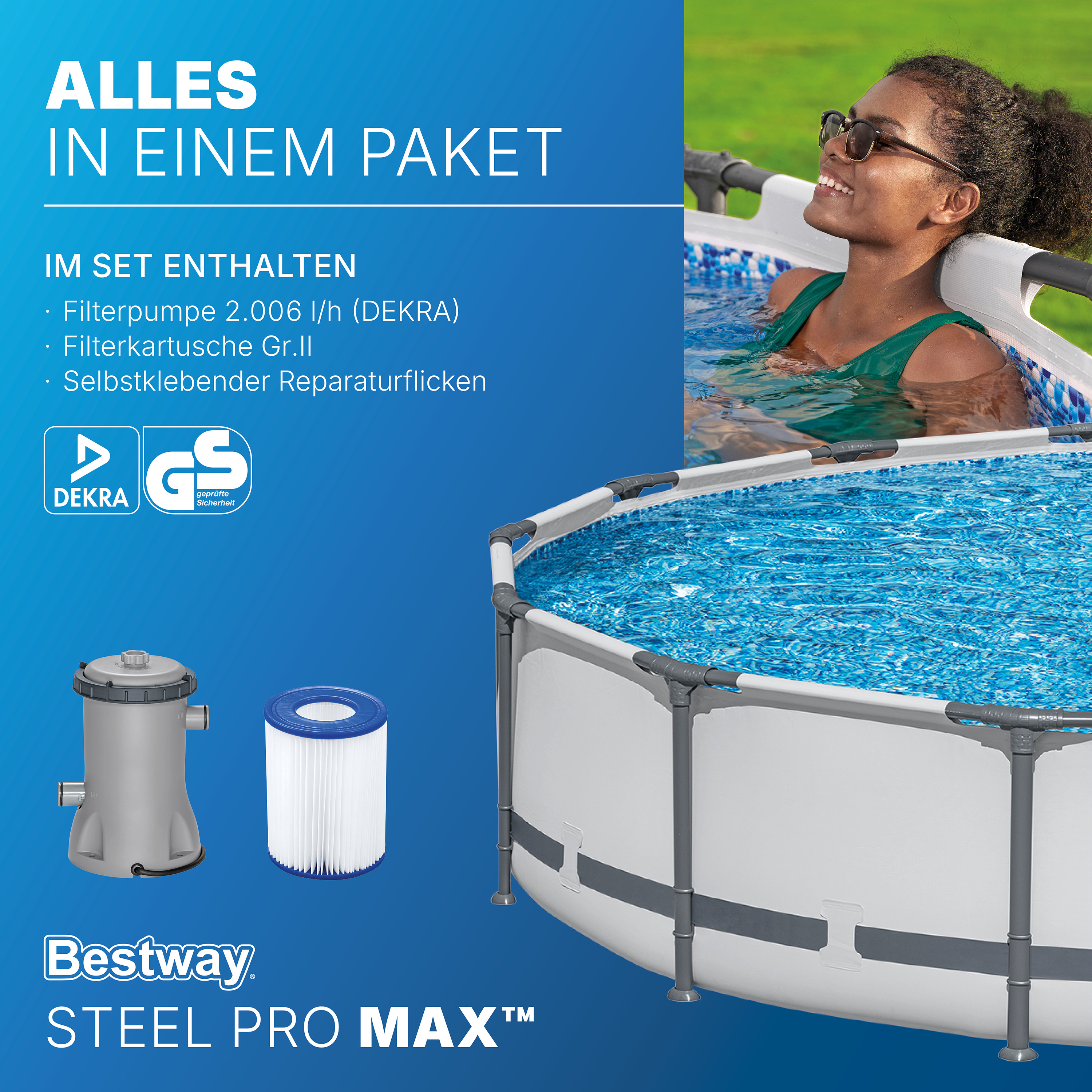 Steel Pro MAX™ Frame Pool Set mit Filterpumpe Ø 427 x 84 cm, lichtgrau, rund