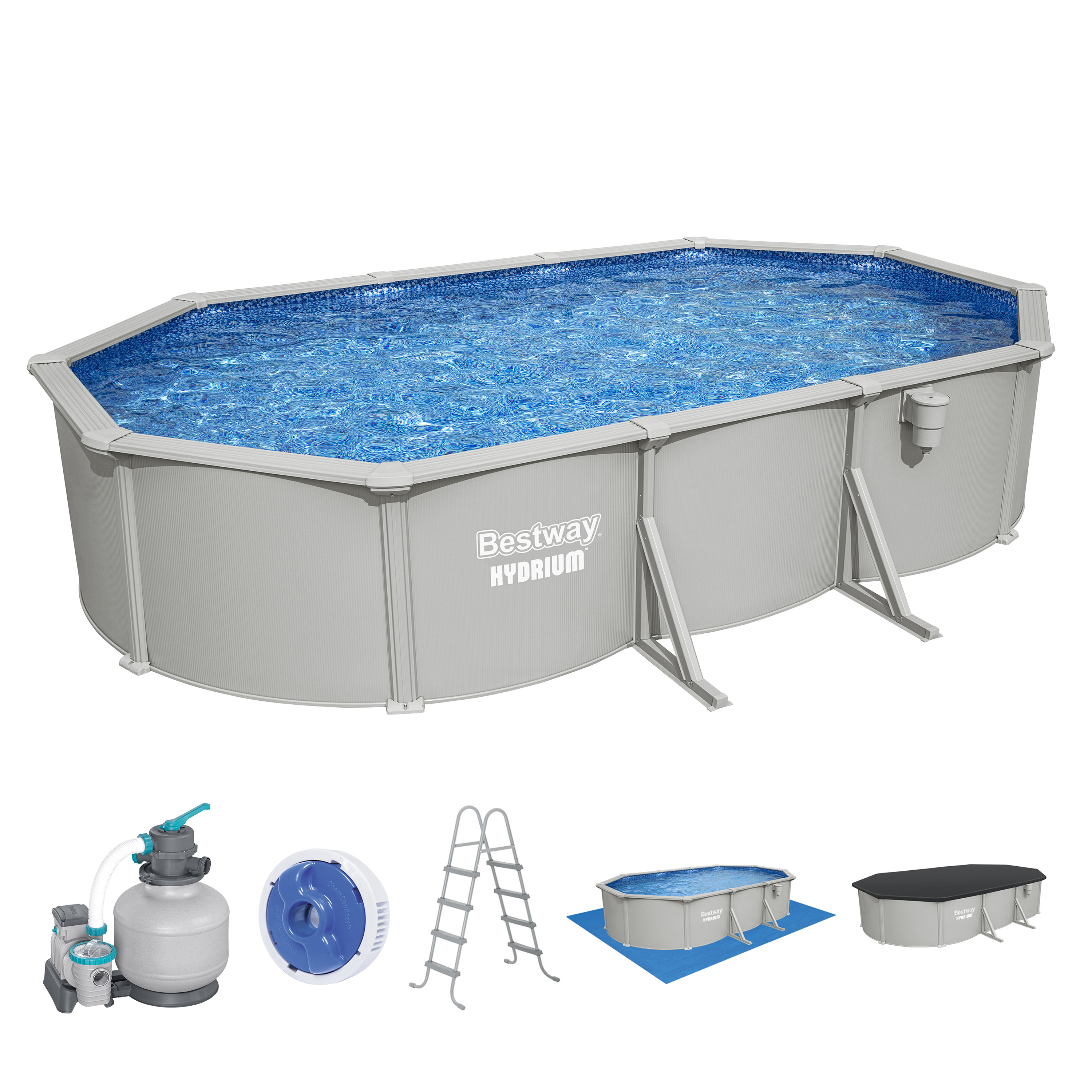 Hydrium™ Stahlwandpool Komplett Set mit Sandfilteranlage 610 x 366 x 122 cm, granitgrau, oval