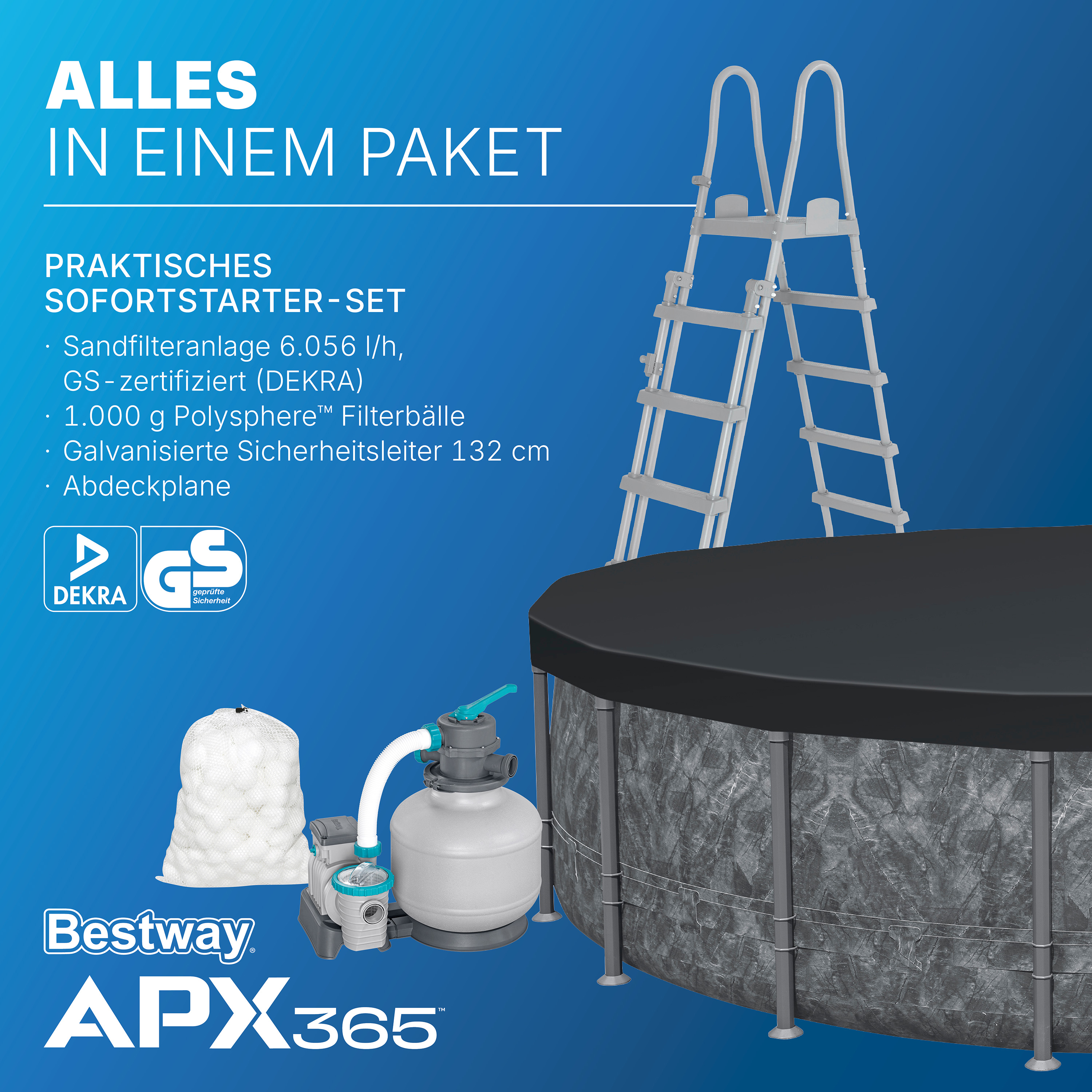 APX365™ Winterfestes Frame Pool Komplett Set mit Sandfilteranlage Ø 549 x 132 cm, Marmor-Optik (Dunkel), rund