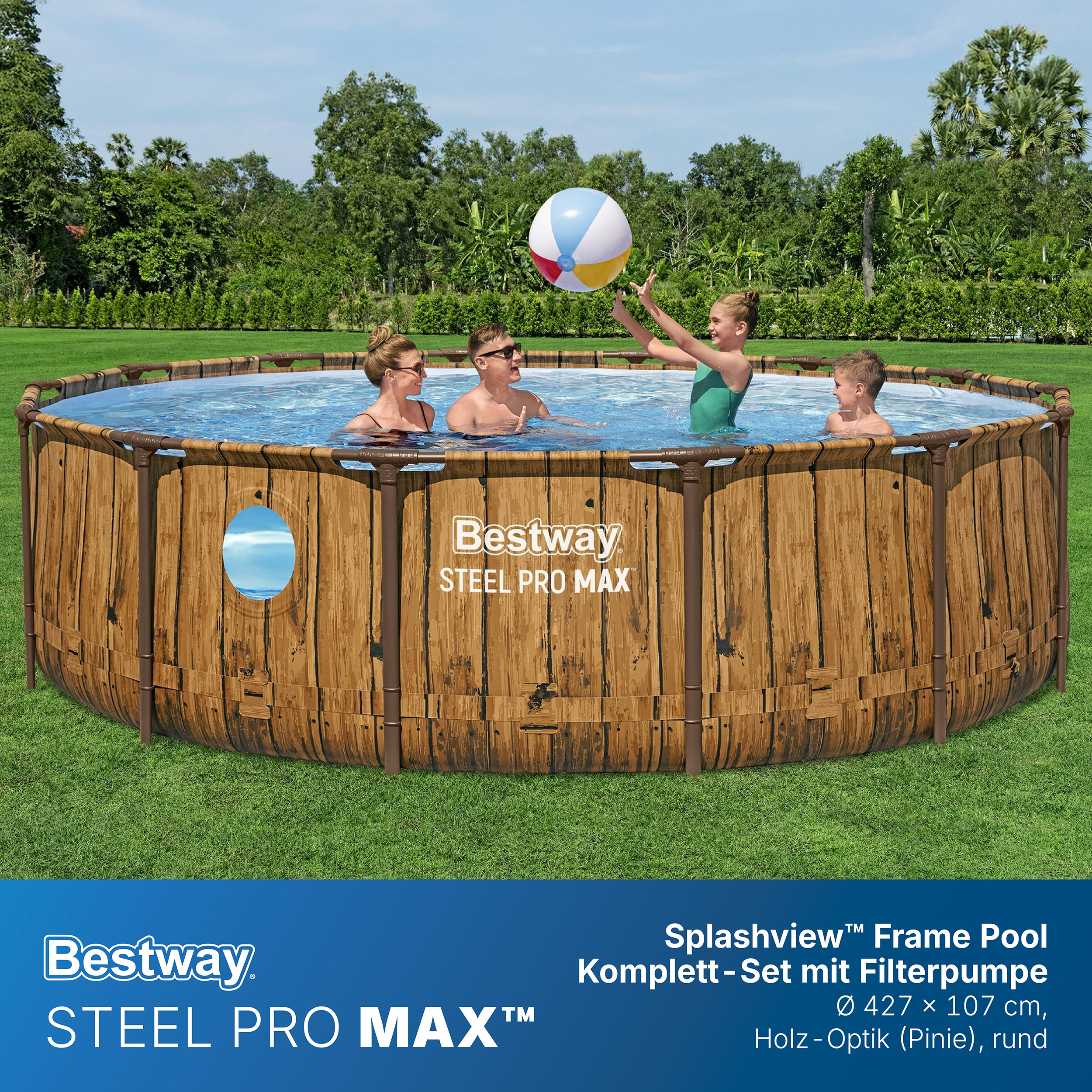 Steel Pro MAX™ Splashview™ Frame Pool Komplett Set mit Filterpumpe Ø 427 x 107 cm, Holz-Optik (Pinie), rund