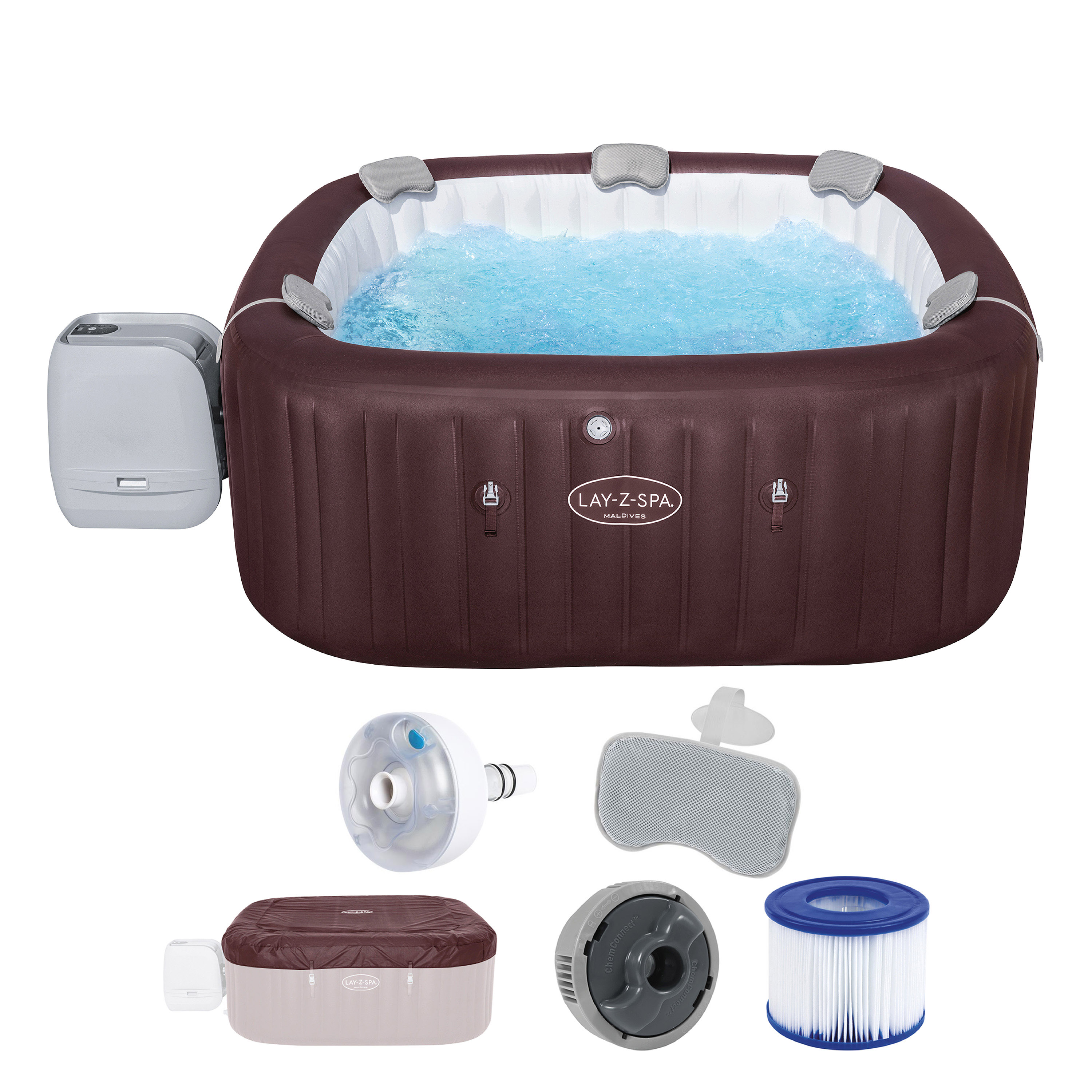 LAY-Z-SPA® WLAN-Whirlpool Maldives HydroJet Pro™ mit App-Steuerung, für 7 Personen 201 x 201 x 80 cm, Mahagoni