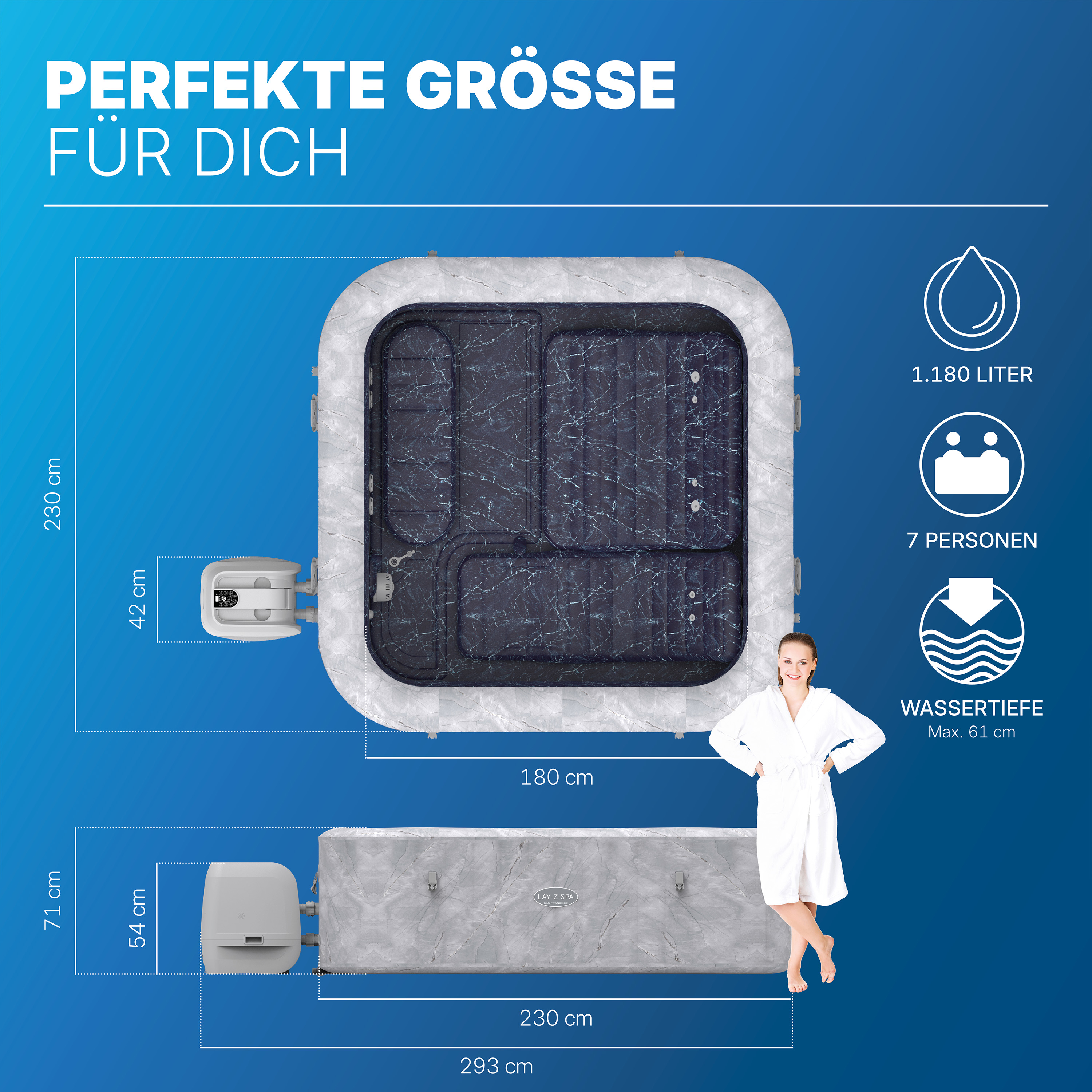 LAY-Z-SPA® WLAN-Whirlpool San Francisco HydroJet Pro™ mit App-Steuerung, für 7 Personen 230 x 230 x 71 cm, Marmor-Optik (Samtgrau)