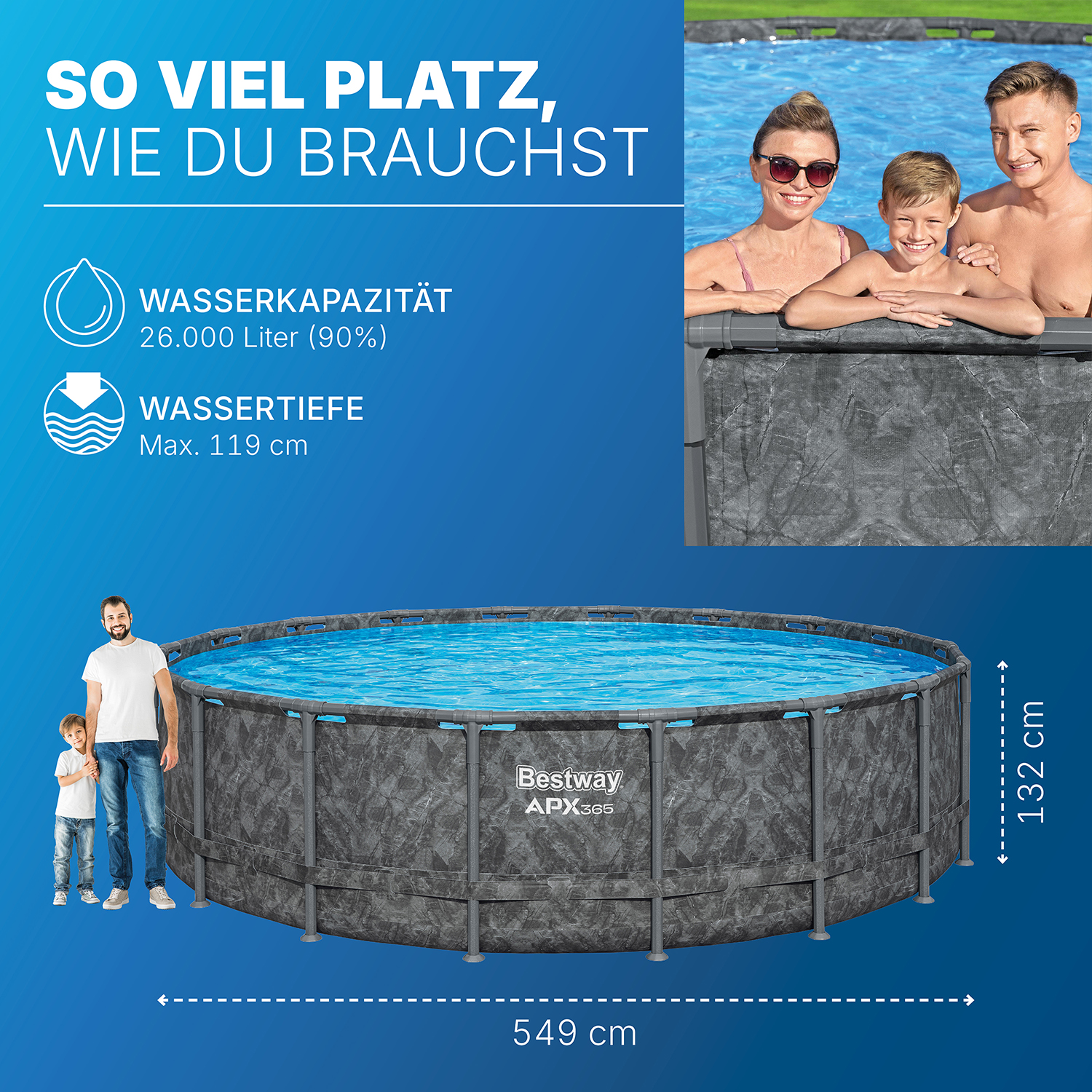 APX365™ Winterfestes Frame Pool Komplett-Set mit Sandfilteranlage Ø 549 x 132 cm, Marmor-Optik (Dunkel), rund