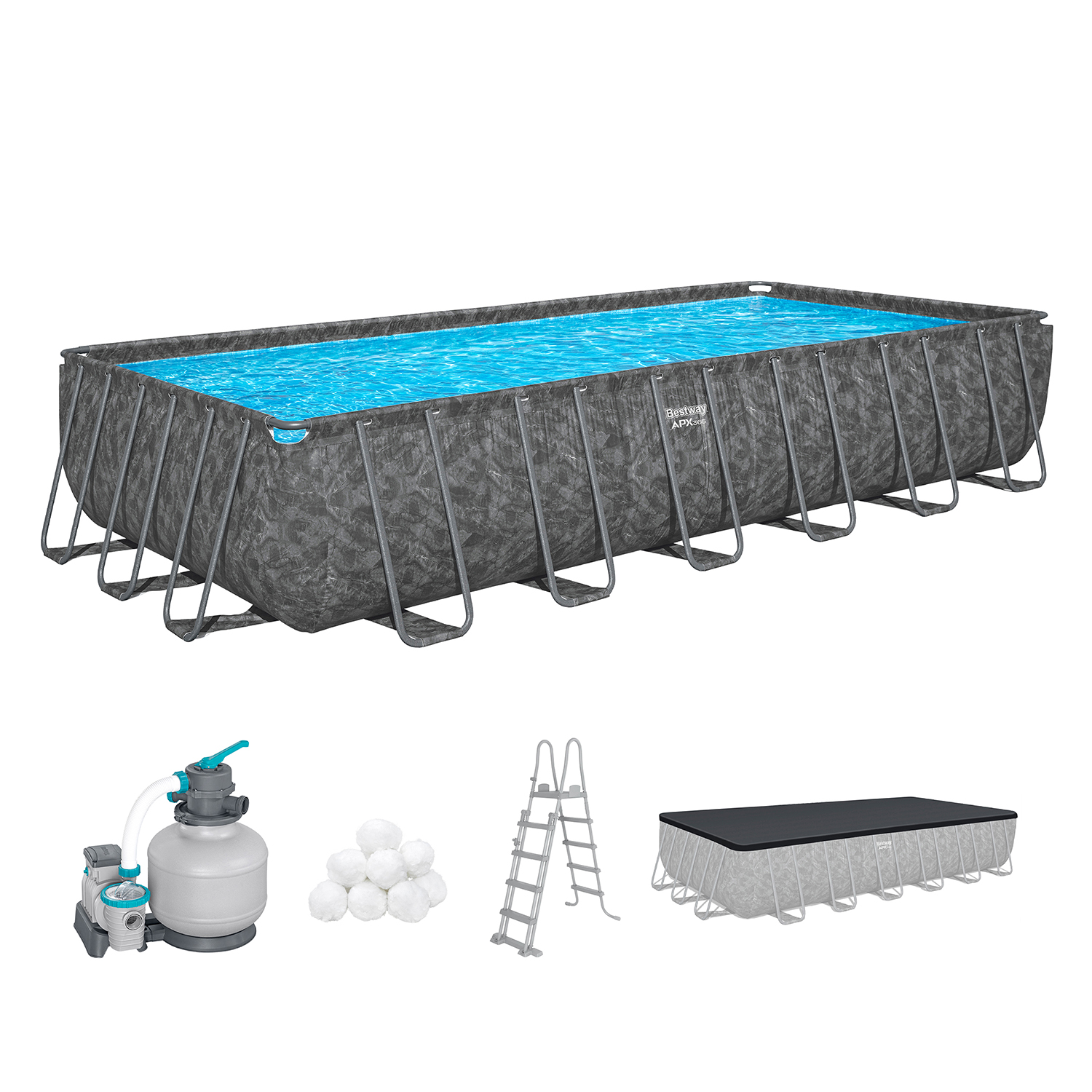 APX365™ Winterfestes Frame Pool Komplett Set mit Sandfilteranlage 732 x 366 x 132 cm, Marmor-Optik (Dunkel), eckig