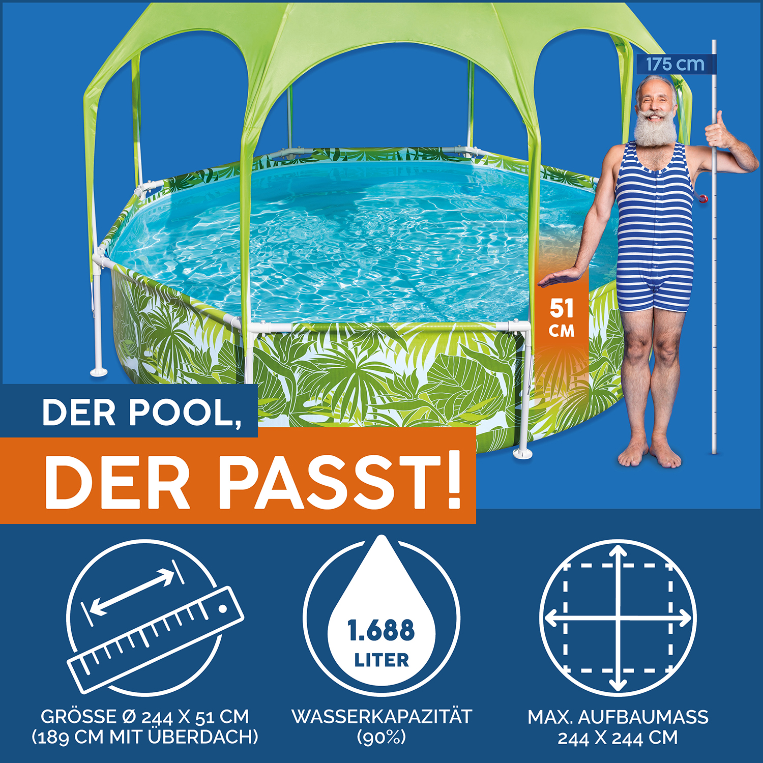 Steel Pro™ Frame Pool mit Sonnenschutzdach "Splash-in-Shade" ohne Pumpe Ø 244 x 51 cm, grünes Blätter-Design, rund 