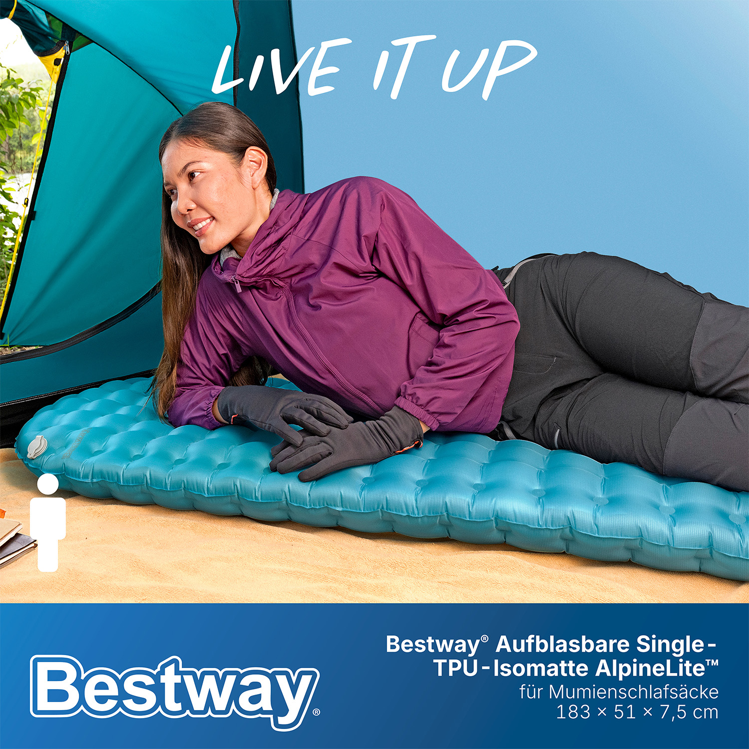 Aufblasbare TPU Single Isomatte AlpineLite™ für Mumienschlafsäcke 183 x 51 x 7,5 cm 