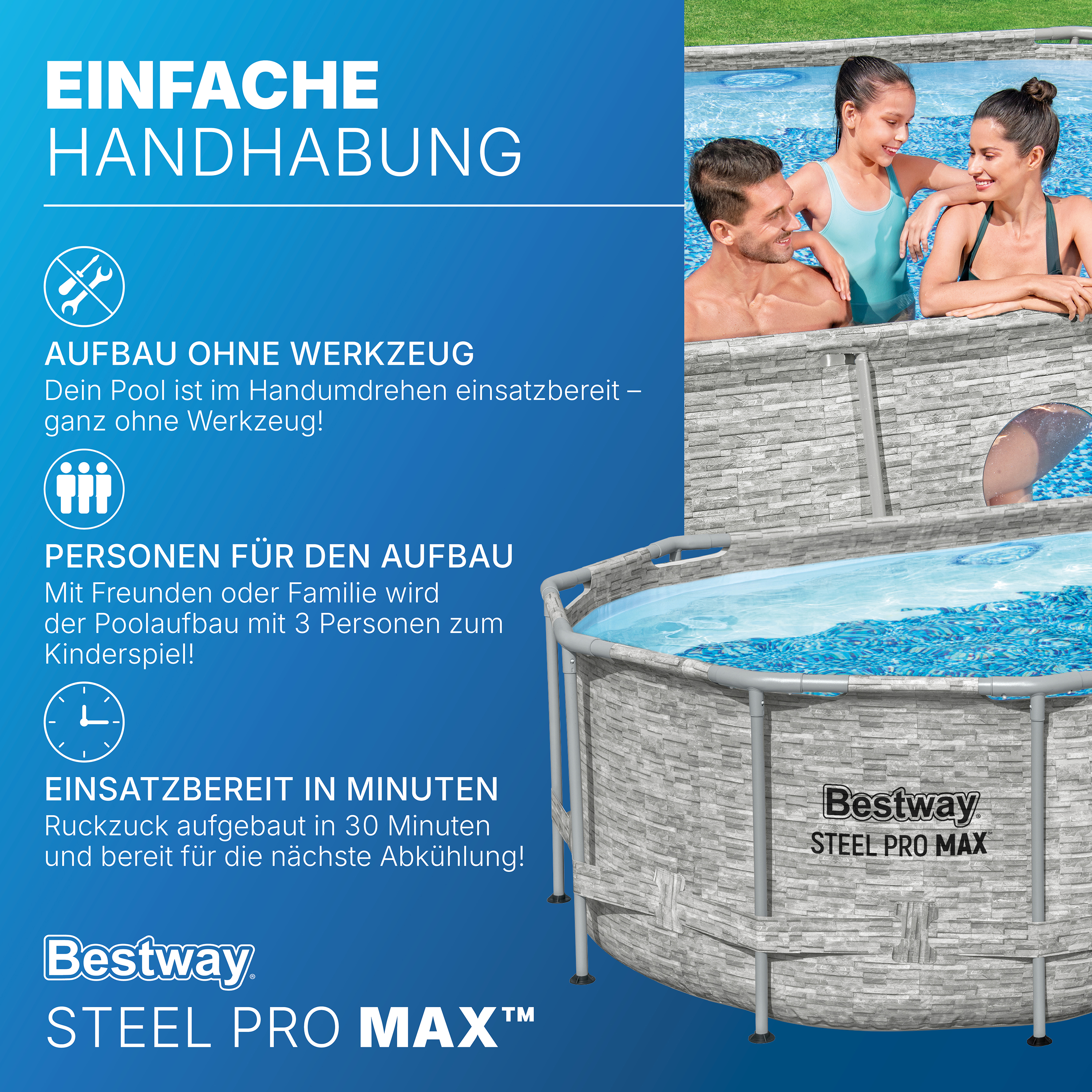 Steel Pro MAX™ Splashview™ Solo Pool ohne Zubehör 488 x 305 x 107 cm , Steinwand-Optik (Cremegrau), oval