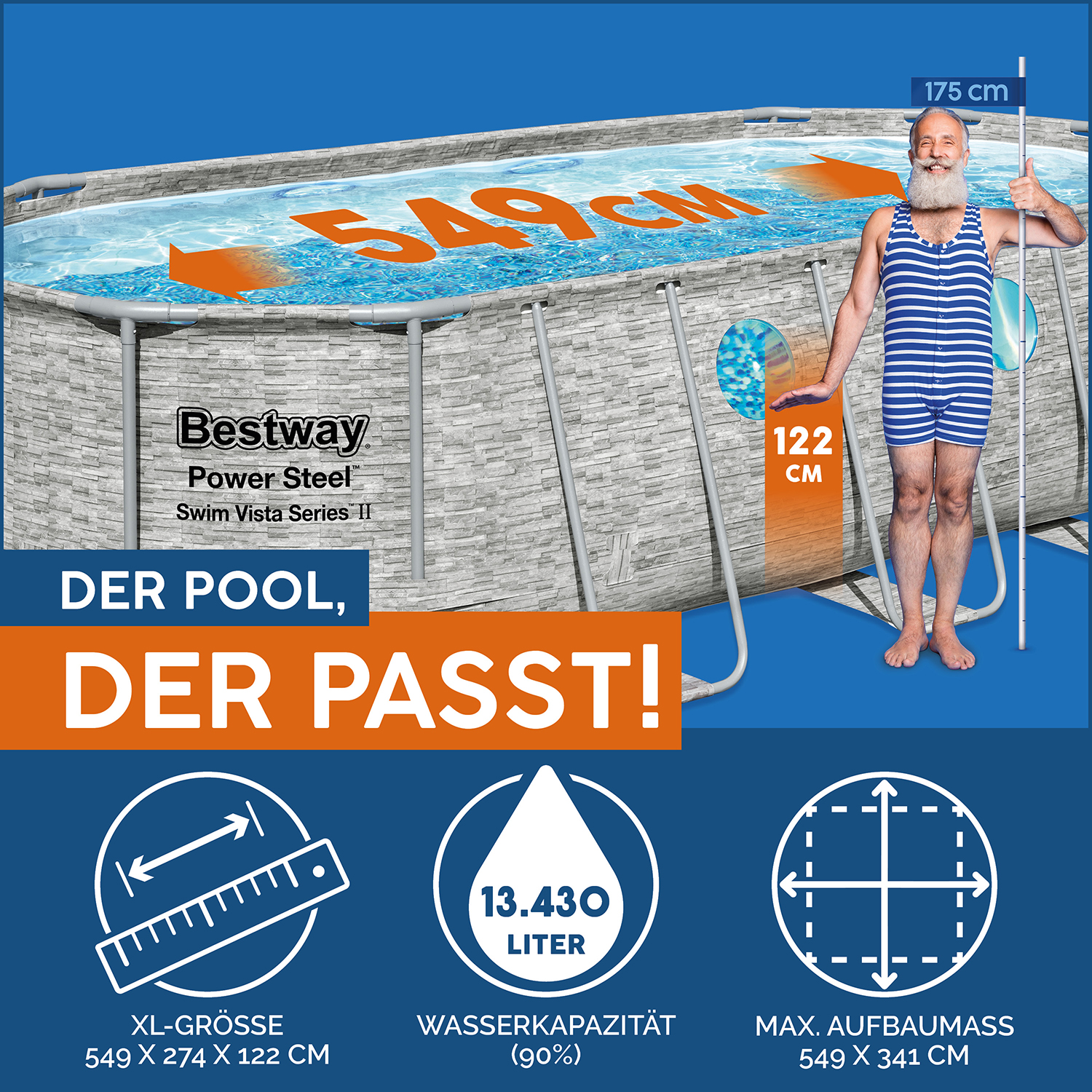 Power Steel™ Swim Vista Series™ Solo Pool ohne Zubehör 549 x 274 x 122 cm, Steinwand-Optik (Cremegrau), oval