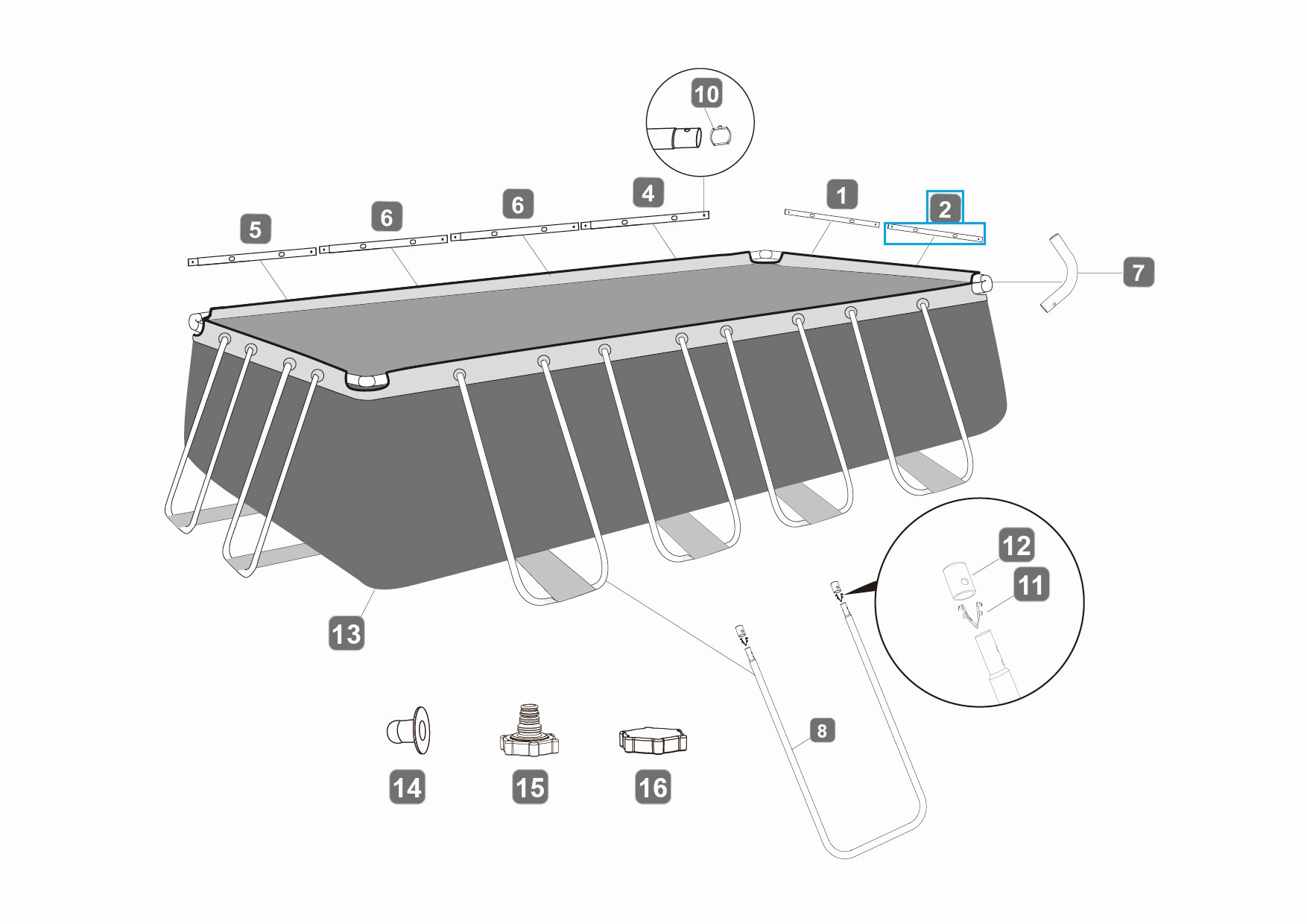 Bestway® Spare Part Top rail B (grey) for Power Steel™ frame pools 488 x 244 x 122 cm, angular