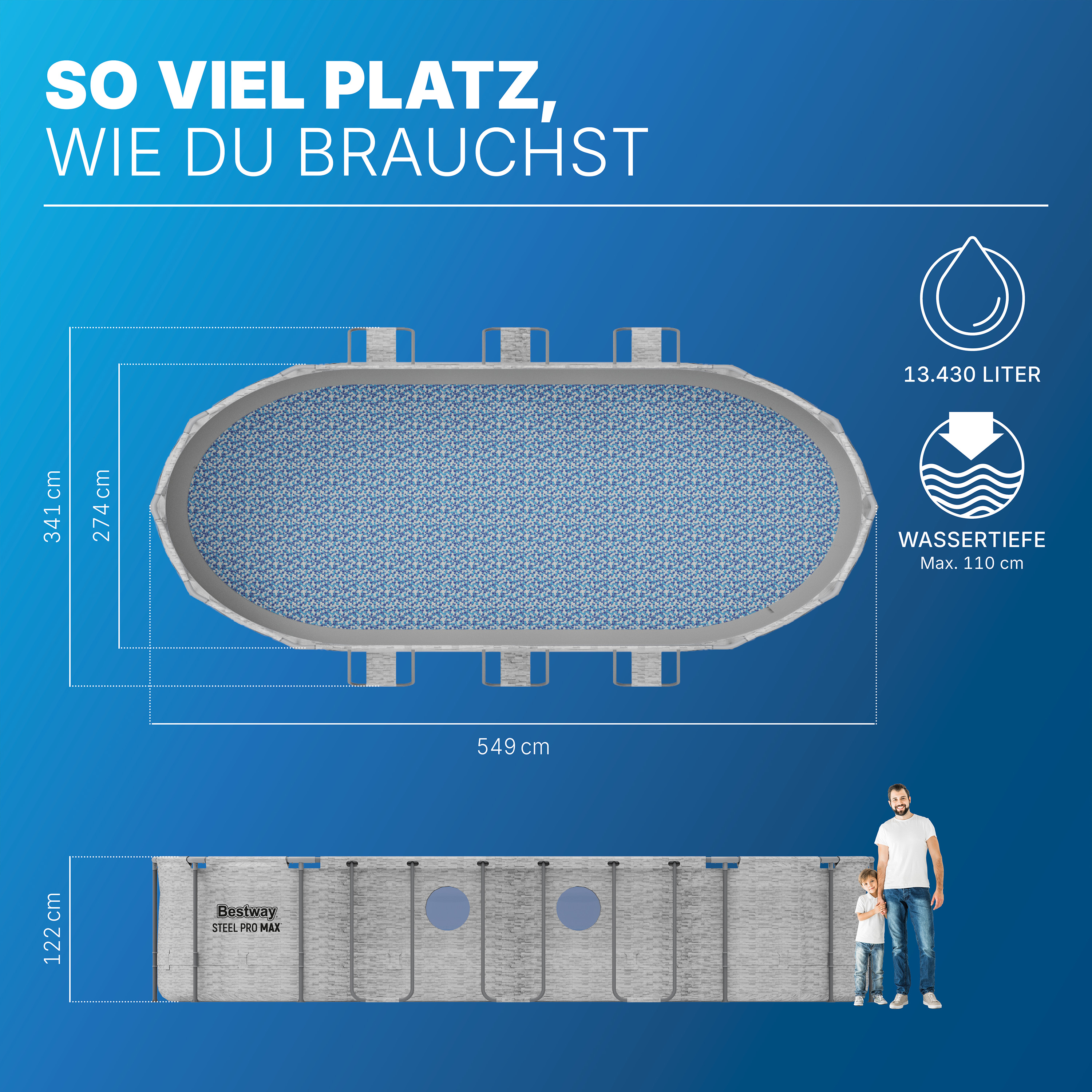 Steel Pro MAX™ Splashview™ Frame Pool Komplett Set mit Filterpumpe 549 x 274 x 122 cm, Steinwand-Optik (Cremegrau), oval