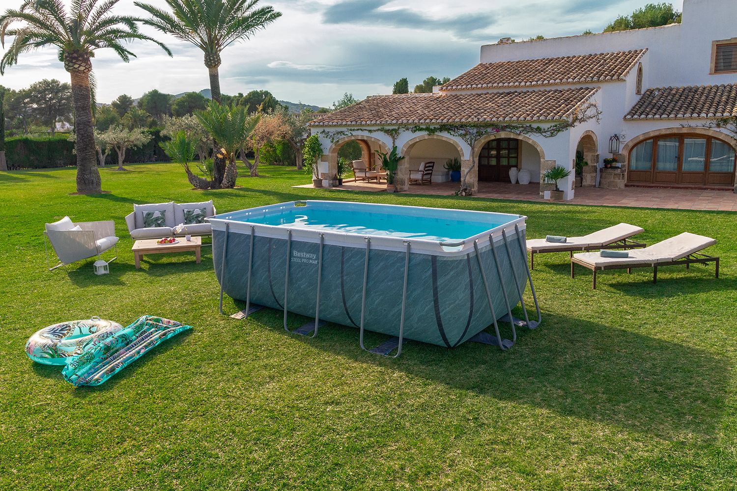 Steel Pro MAX™ Frame Pool Set mit Filterpumpe 412 x 201 x 122 cm, Marmor-Optik (Schiefergrau), eckig