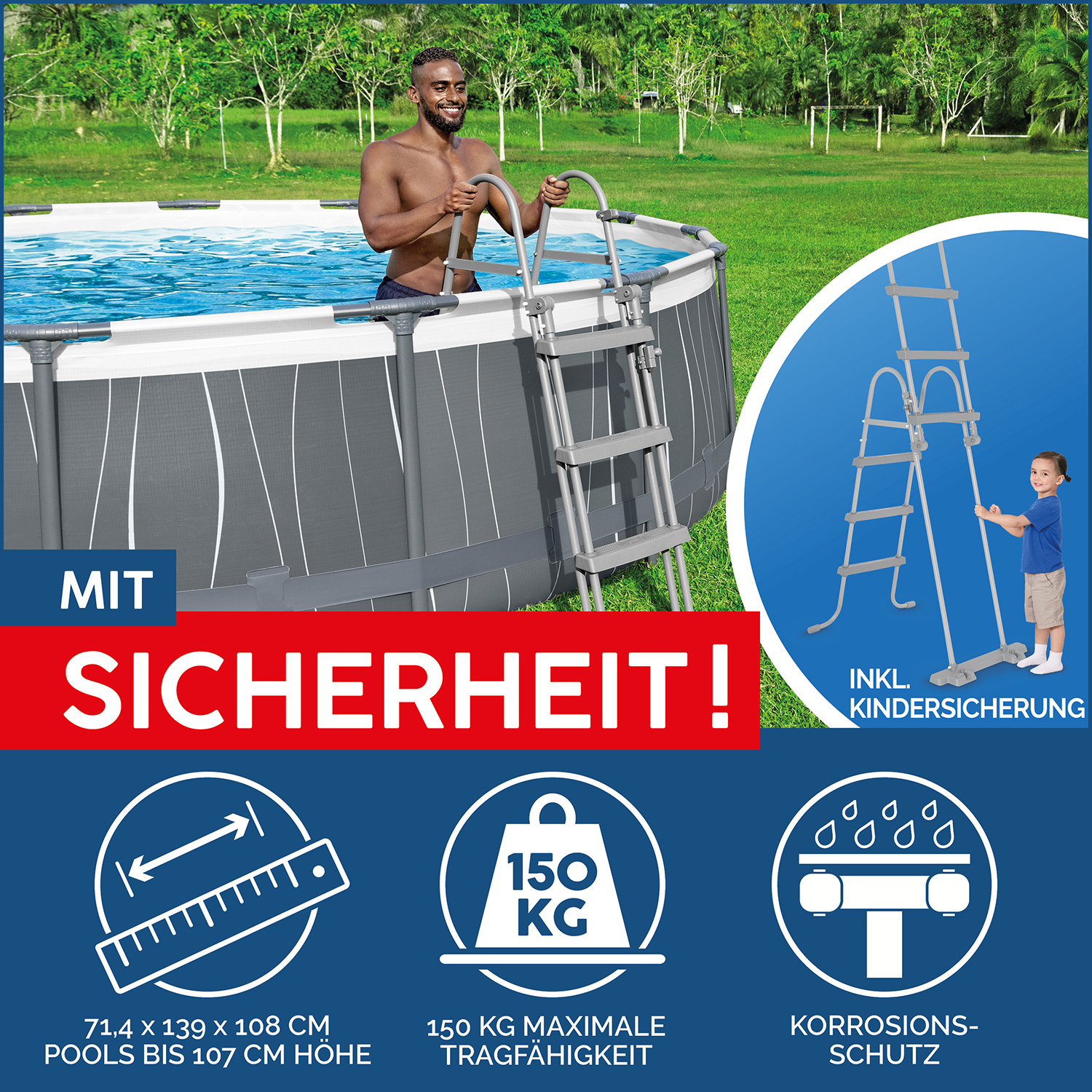 Steel Pro MAX™ Frame Pool Komplett-Set mit Filterpumpe Ø 457 x 107 cm, LED-Design, rund