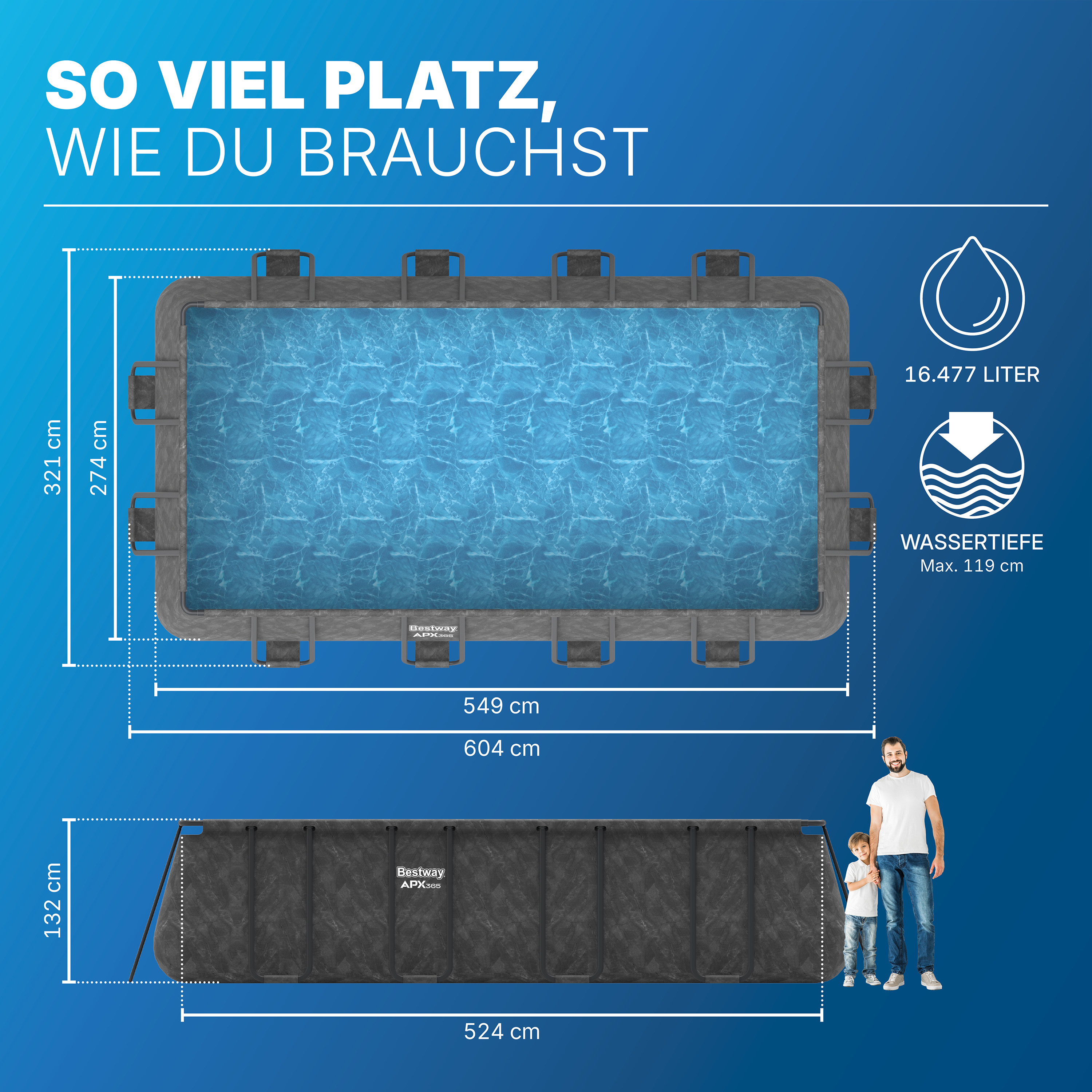 APX365™ Winterfestes Frame Pool Komplett Set mit Sandfilteranlage 549 x 274 x 132 cm, Marmor-Optik (Dunkel), eckig