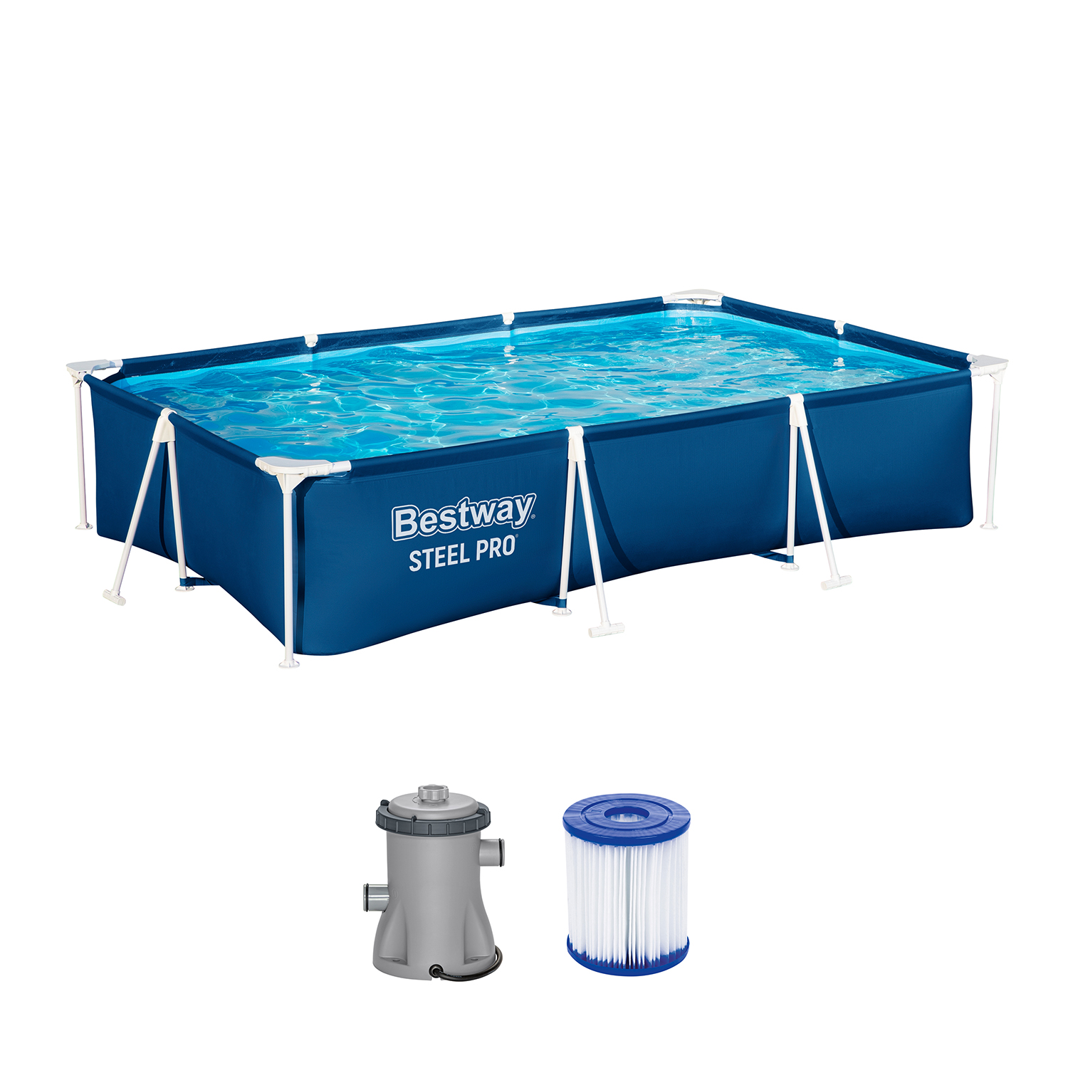 Steel Pro® Frame Pool Set mit Filterpumpe 300 x 201 x 66 cm, dunkelblau, eckig