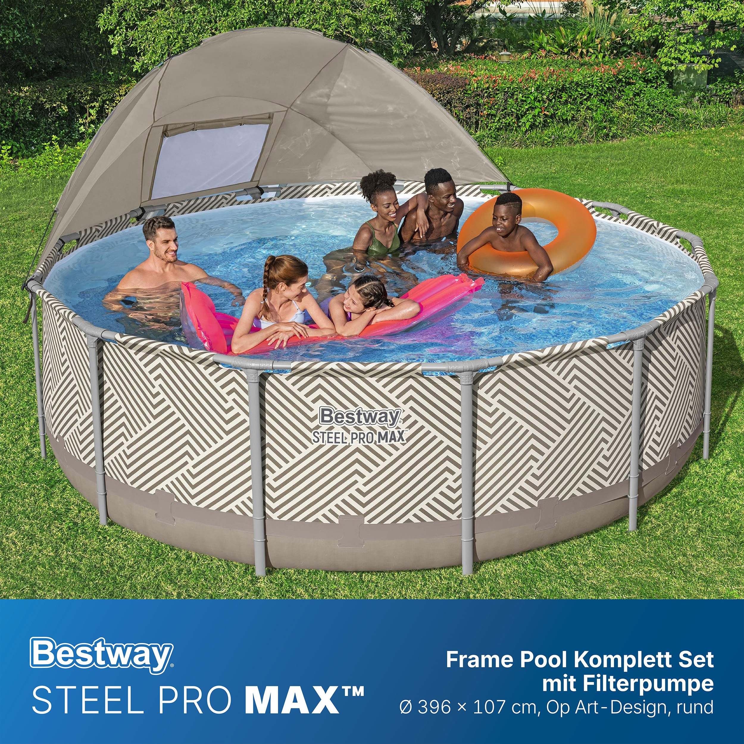 Steel Pro MAX™ Frame Pool Komplett Set mit Filterpumpe Ø 396 x 107 cm, Op Art-Design, rund