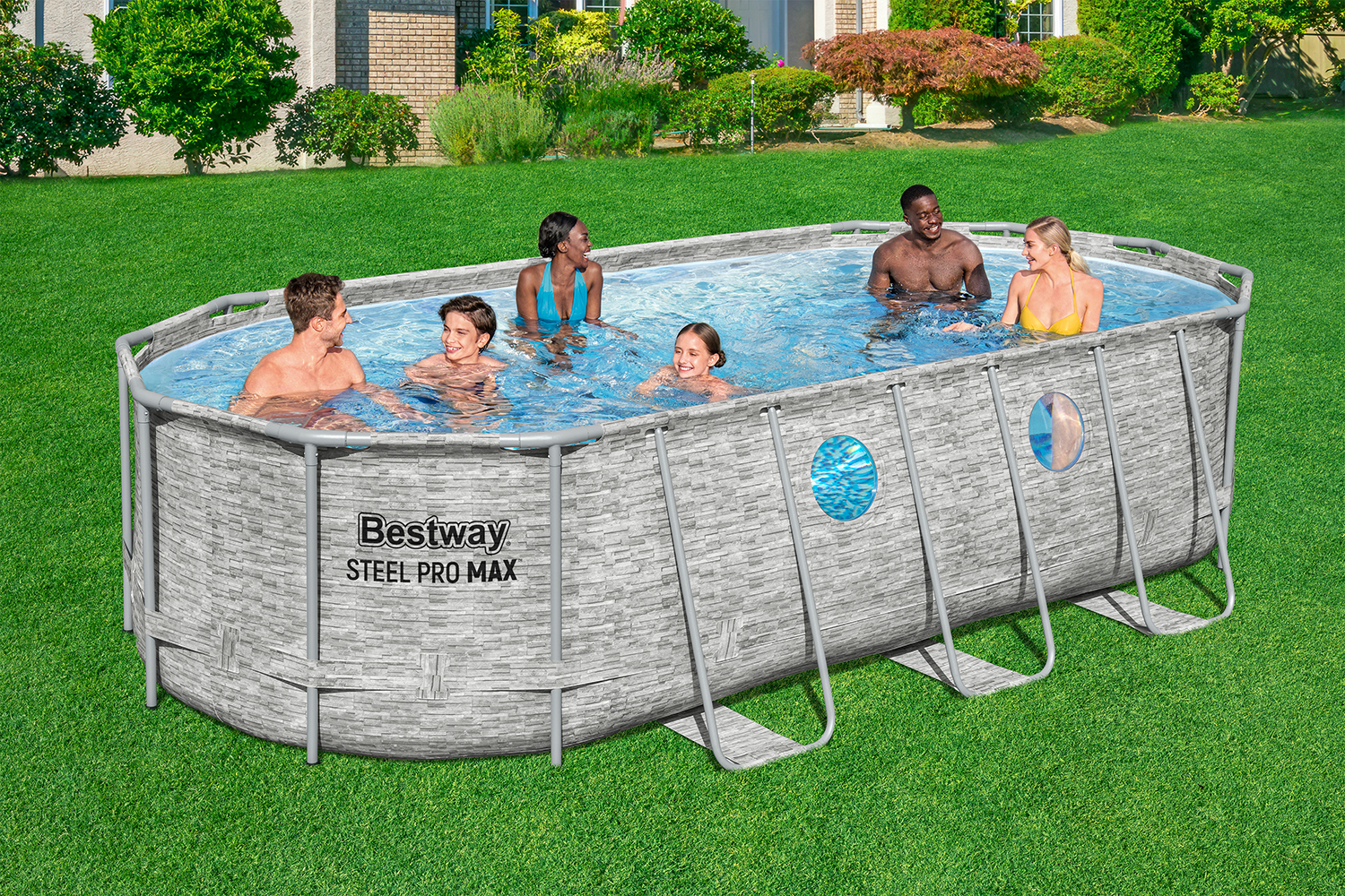 Steel Pro MAX™ Splashview™ Frame Pool Komplett-Set mit Filterpumpe 549 x 274 x 122 cm, Steinwand-Optik (Cremegrau), oval