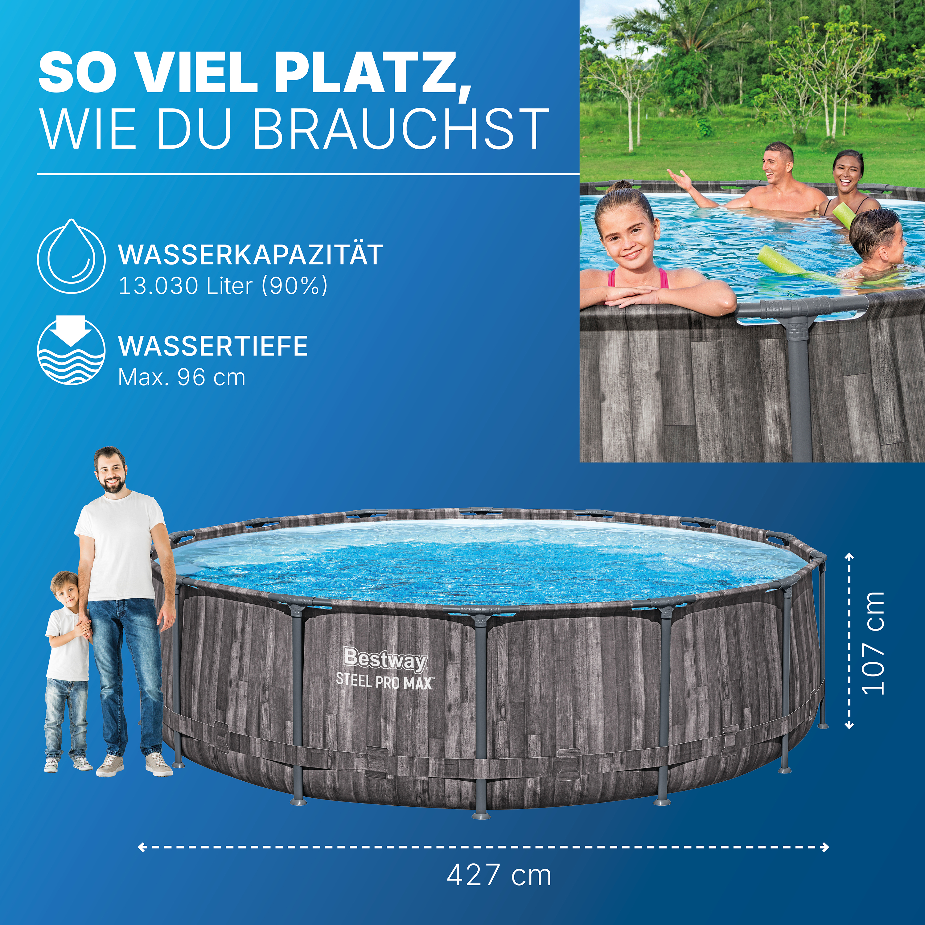 Steel Pro MAX™ Solo Pool ohne Zubehör Ø 427 x 107 cm, Holz-Optik (Mooreiche), rund