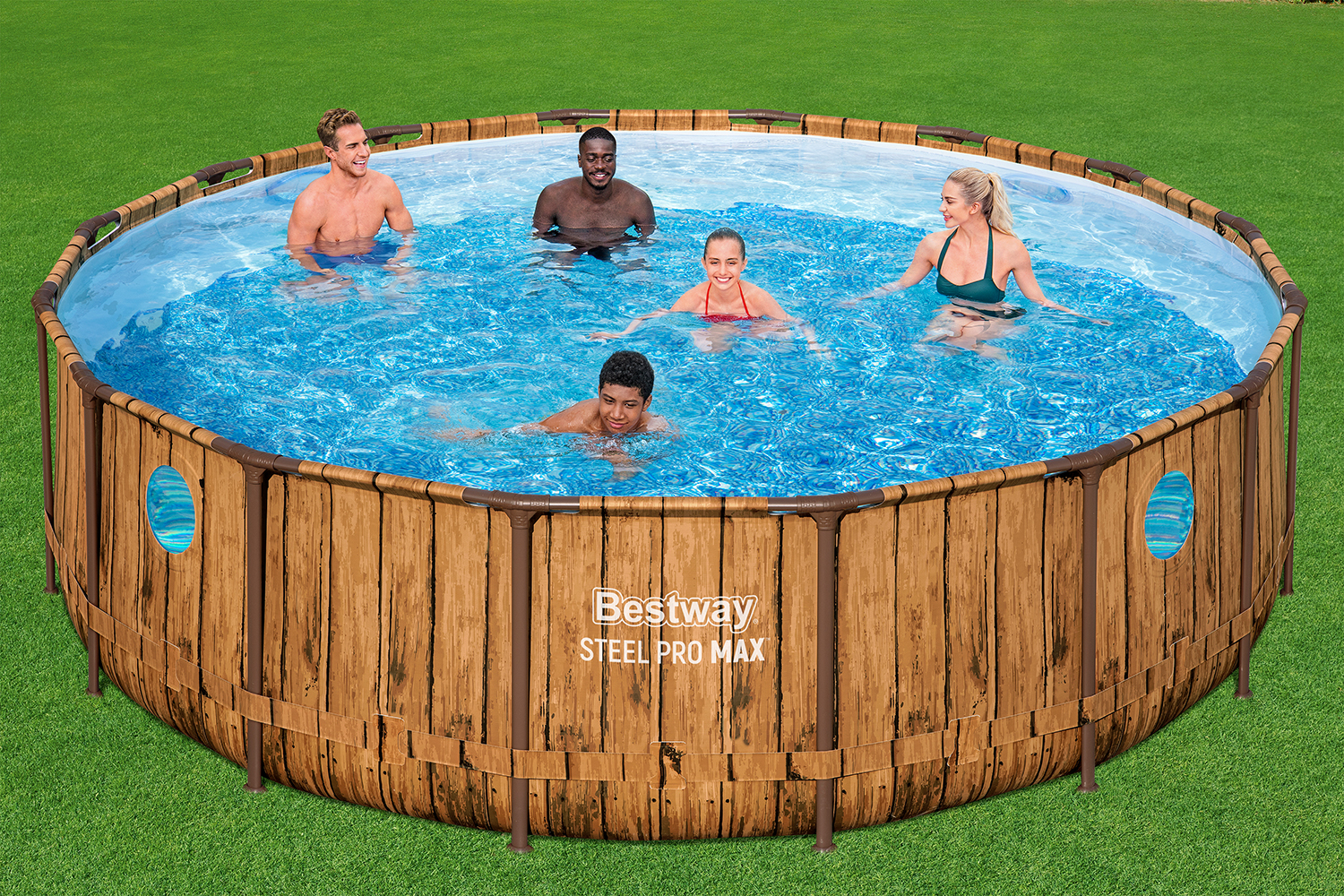 Steel Pro MAX™ Splashview™ Frame Pool Komplett-Set mit Filterpumpe Ø 488 x 122 cm, Holz-Optik (Pinie), rund