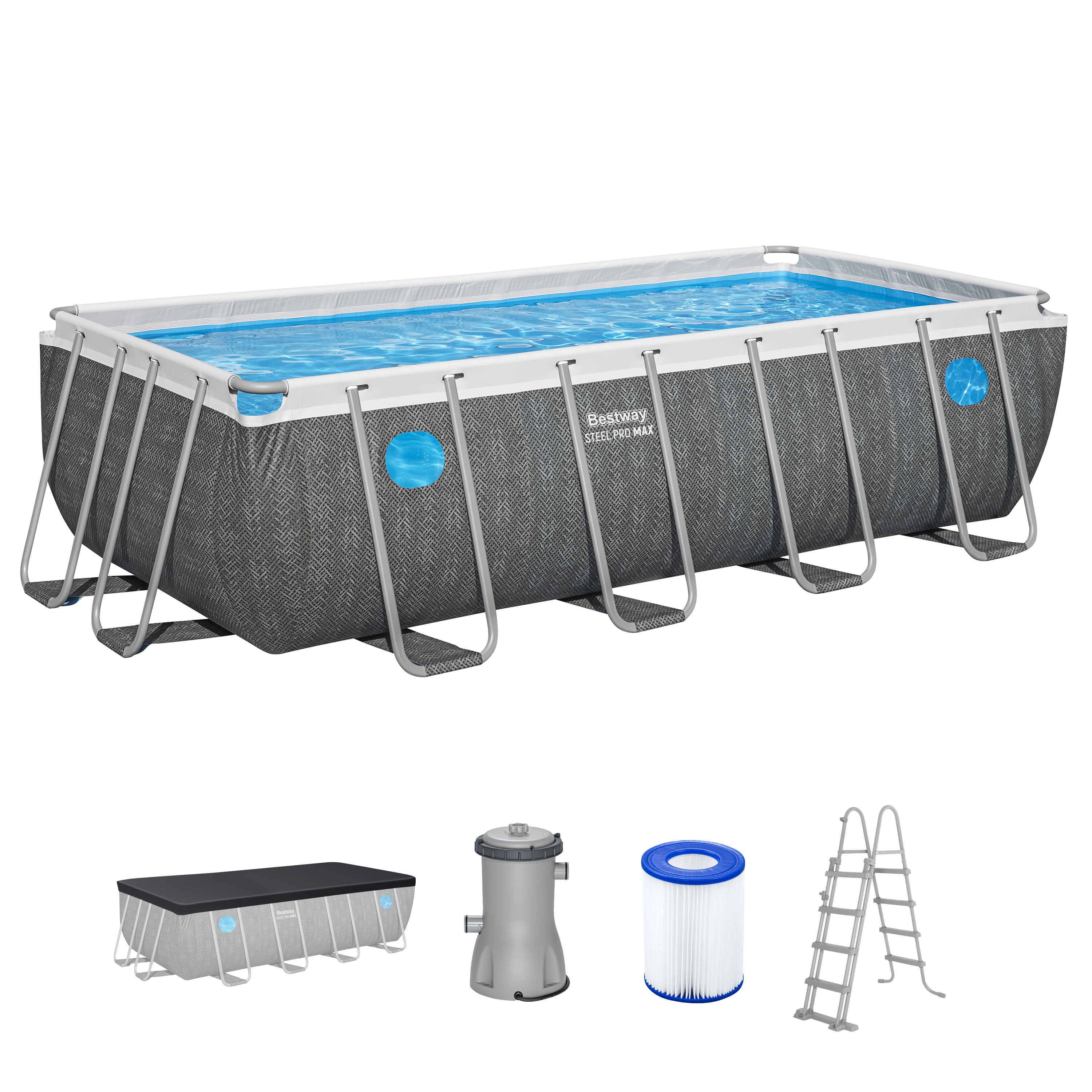 Steel Pro MAX™ Splashview™ Frame Pool Komplett Set mit Filterpumpe  488 x 244 x 122 cm, Rattan-Optik (Schiefergrau), eckig