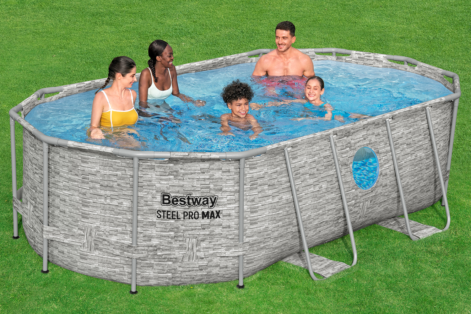Steel Pro MAX™ Splashview™ Frame Pool Komplett-Set mit Filterpumpe 427 x 250 x 100 cm, Steinwand-Optik (Cremegrau), oval