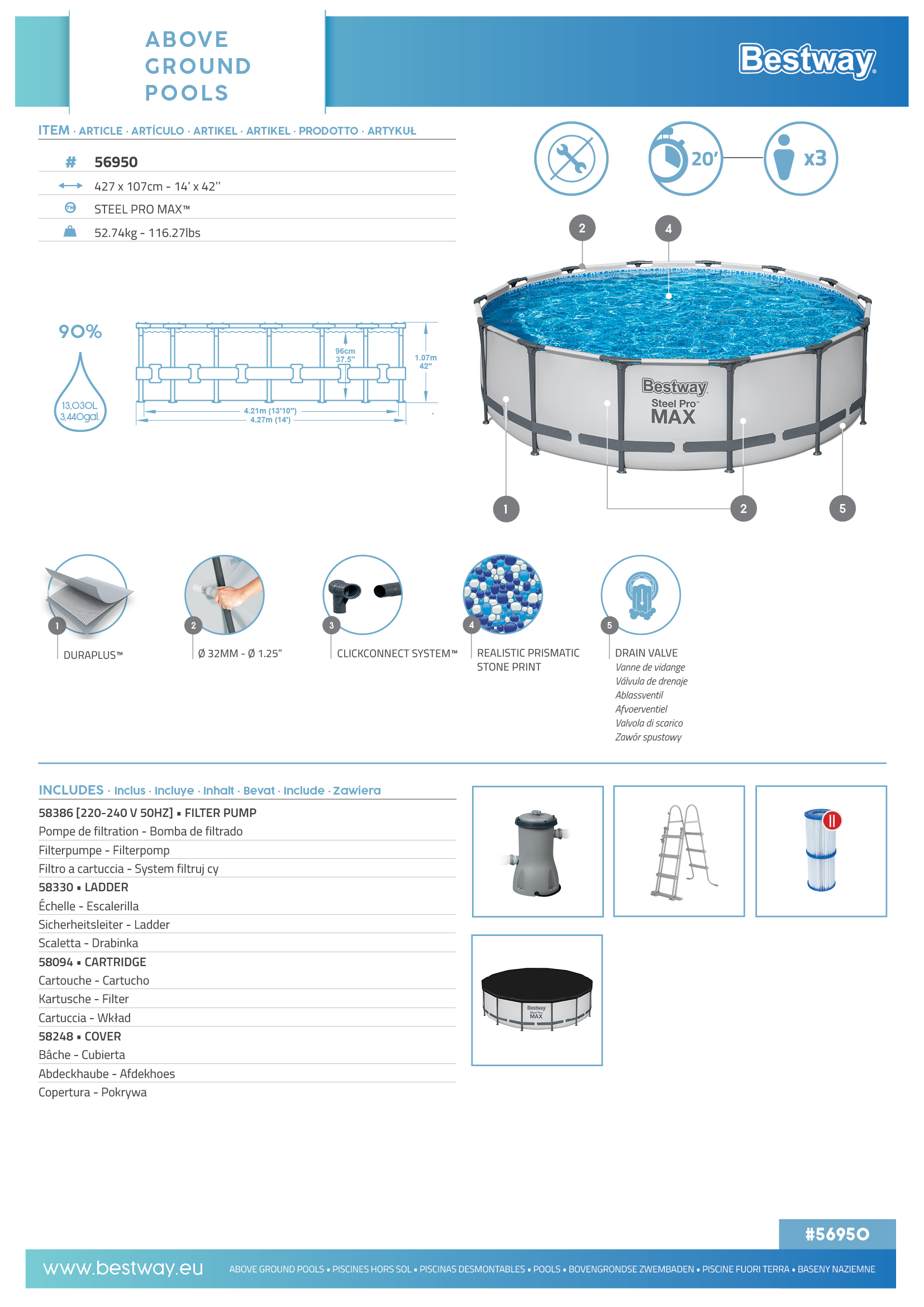 Steel Pro MAX™ Frame Pool Komplett-Set mit Filterpumpe Ø 427 x 107 cm, lichtgrau, rund