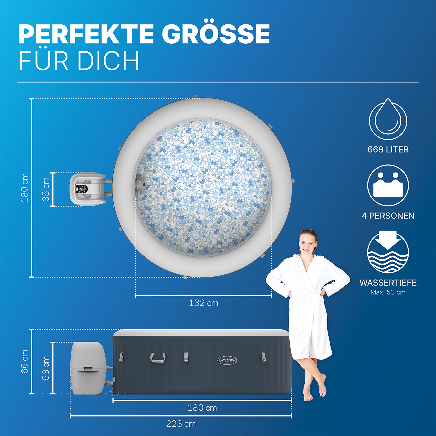 LAY-Z-SPA® Energiespar Whirlpool Miami AirJet™ für 4 Personen Ø 180 x 66 cm, Dunkelblau
