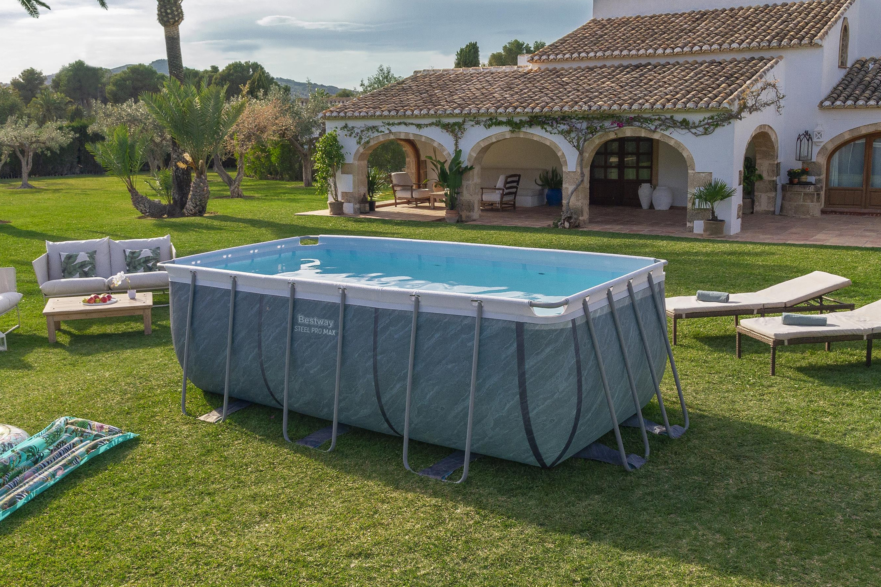 Steel Pro MAX™ Frame Pool Set mit Filterpumpe 412 x 201 x 122 cm, Marmor-Optik (Schiefergrau), eckig