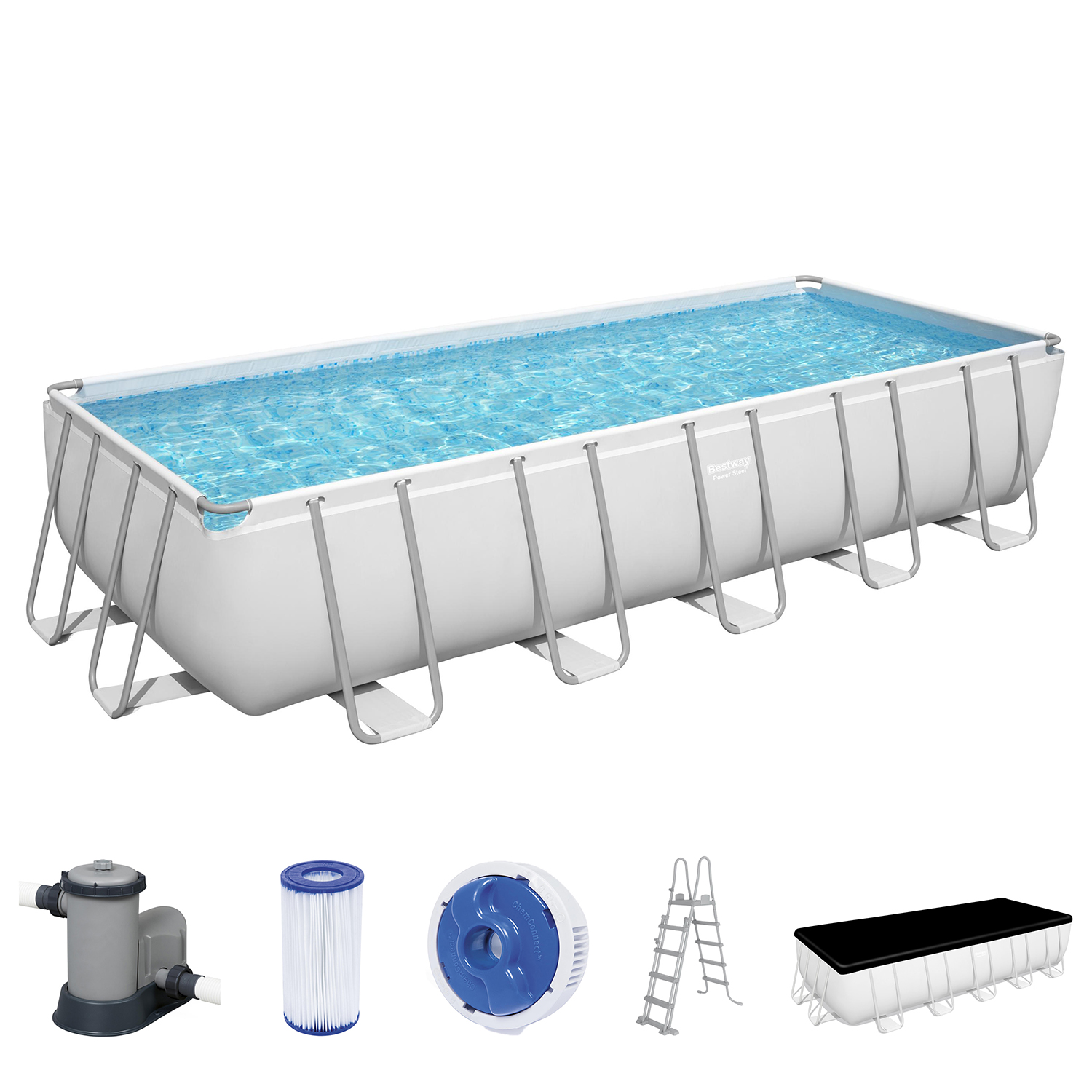 Power Steel™ Frame Pool Komplett-Set mit Filterpumpe 640 x 274 x 132 cm , lichtgrau, eckig