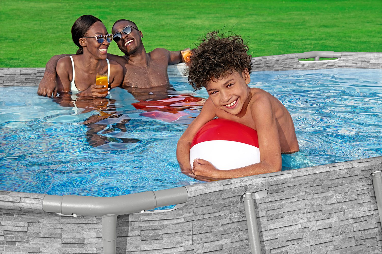 Steel Pro MAX™ Splashview™ Frame Pool Komplett-Set mit Filterpumpe 427 x 250 x 100 cm, Steinwand-Optik (Cremegrau), oval