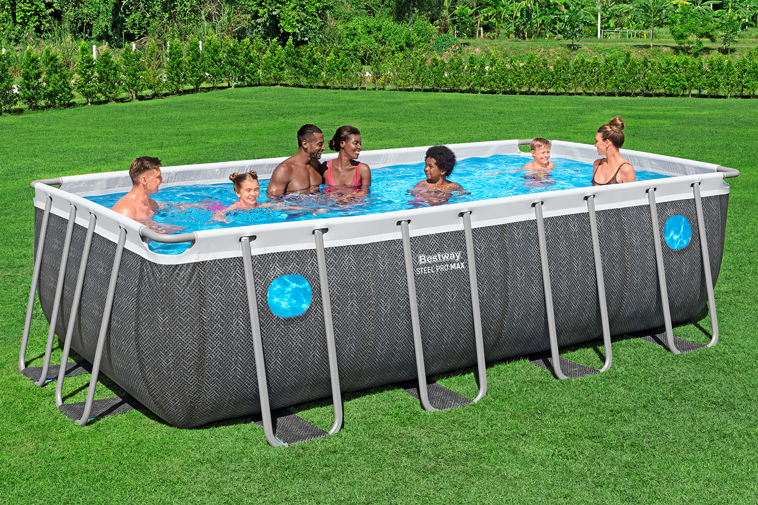 Steel Pro MAX™ Splashview™ Frame Pool Komplett Set mit Filterpumpe  488 x 244 x 122 cm, Rattan-Optik (Schiefergrau), eckig