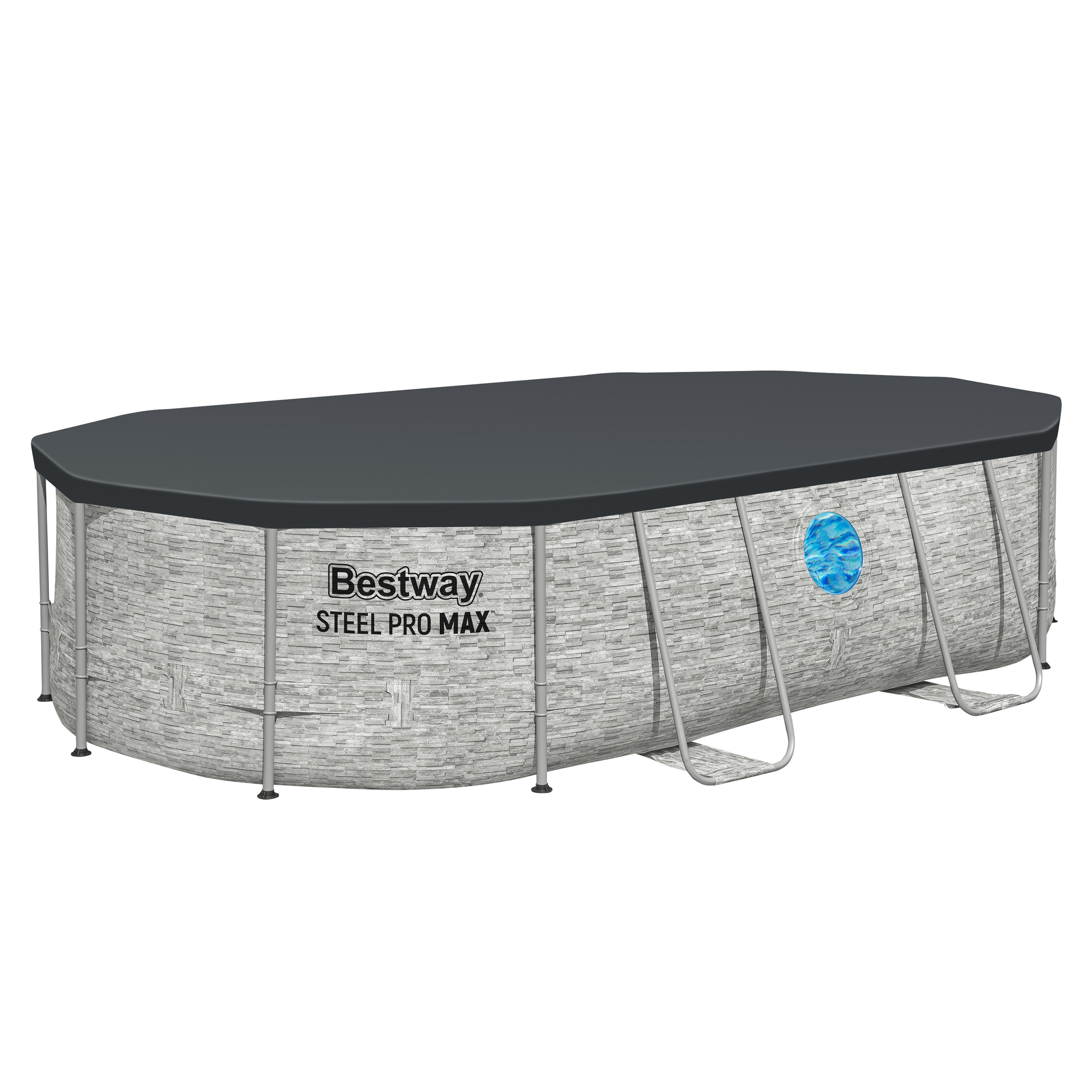 Steel Pro MAX™ Splashview™ Frame Pool Komplett Set mit Sandfilteranlage 488 x 305 x 107 cm , Steinwand-Optik (Cremegrau), oval