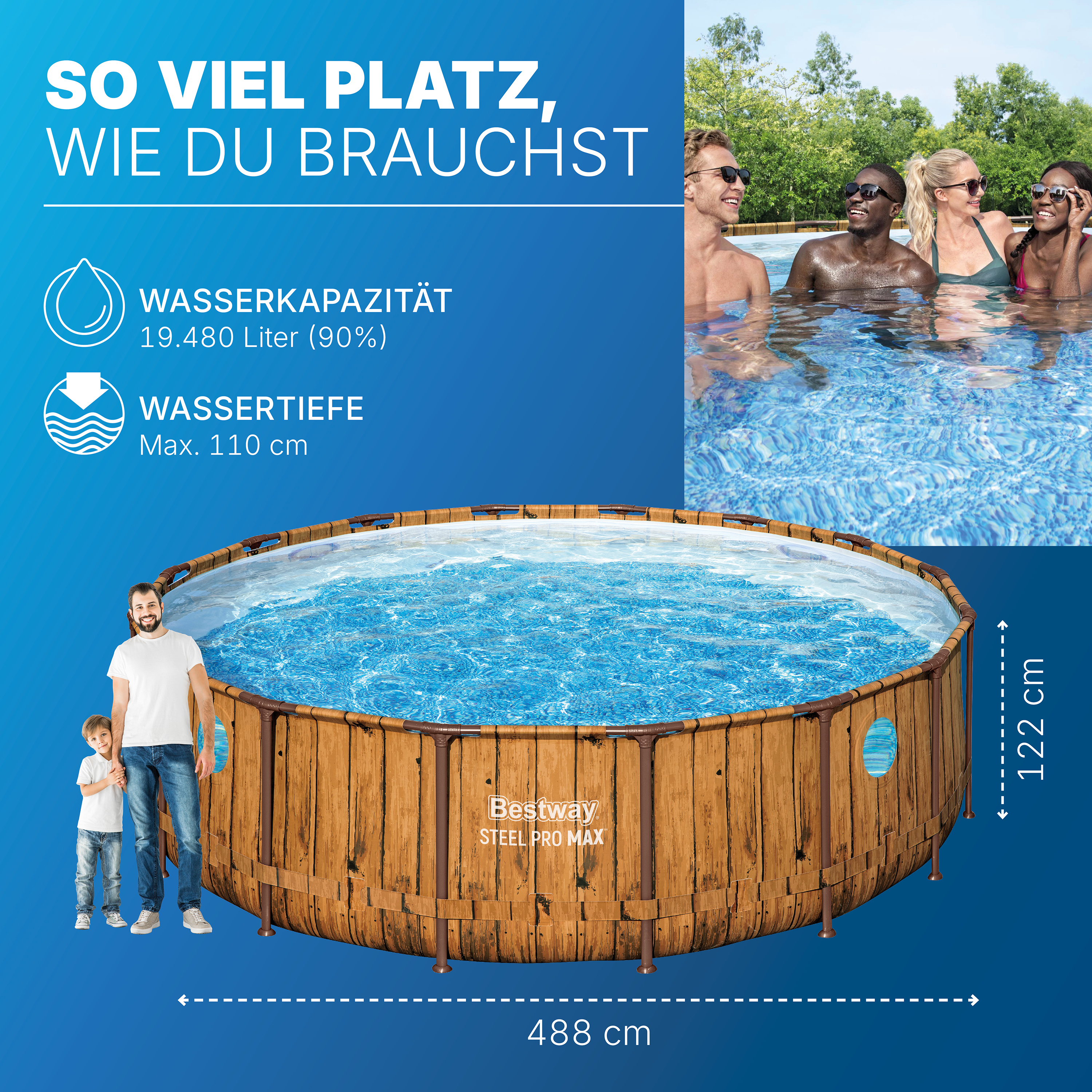 Steel Pro MAX™ Splashview™ Solo Pool ohne Zubehör Ø 488 x 122 cm, Holz-Optik (Pinie), rund