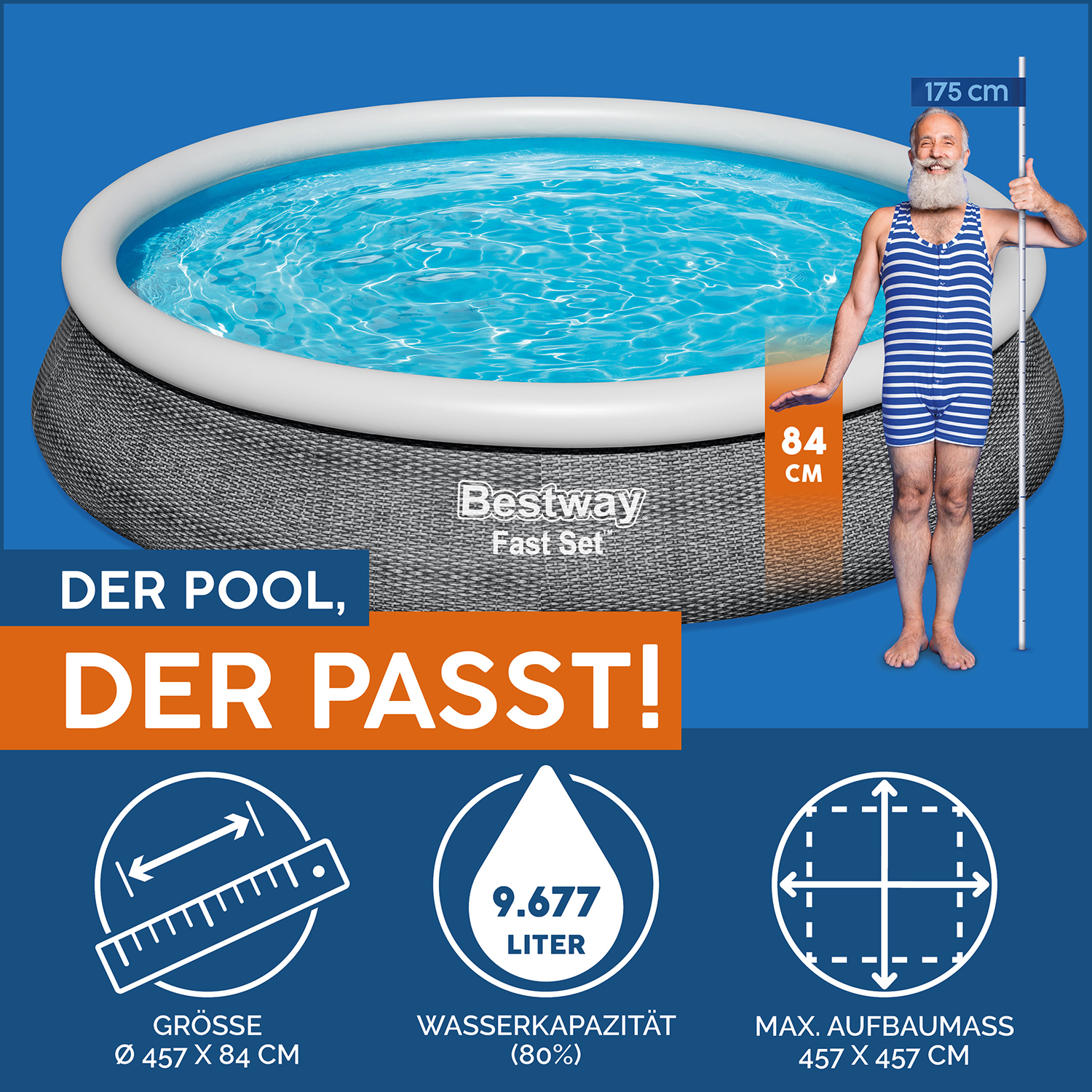 Fast Set™ Aufstellpool Set mit Filterpumpe Ø 457 x 84 cm, Rattan-Optik (Schiefergrau), rund Fast Set™ Aufstellpool Set mit Filterpumpe Ø 457 x 84 cm, Rattan-Optik (Schiefergrau), rund