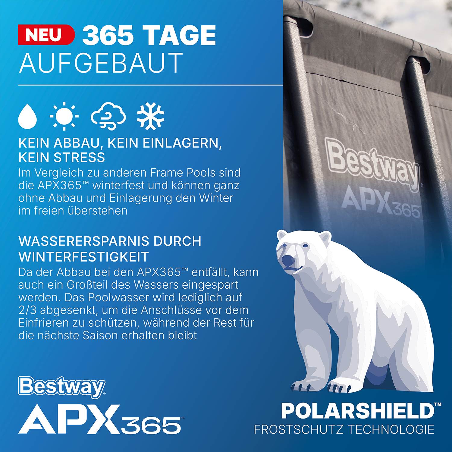 APX365™ Winterfestes Frame Pool Komplett-Set mit Sandfilteranlage Ø 610 x 132 cm, Marmor-Optik (Dunkel), rund
