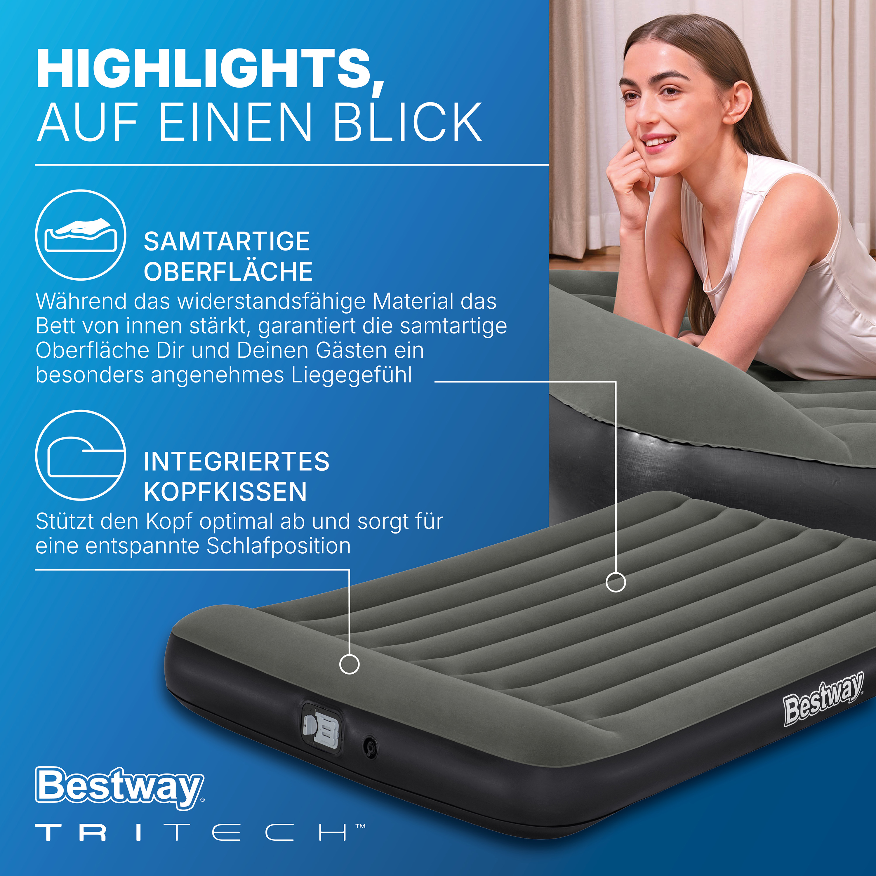 TriTech® Doppelluftbett mit integrierter, batteriebetriebener Elektropumpe 203 x 152 x 30 cm