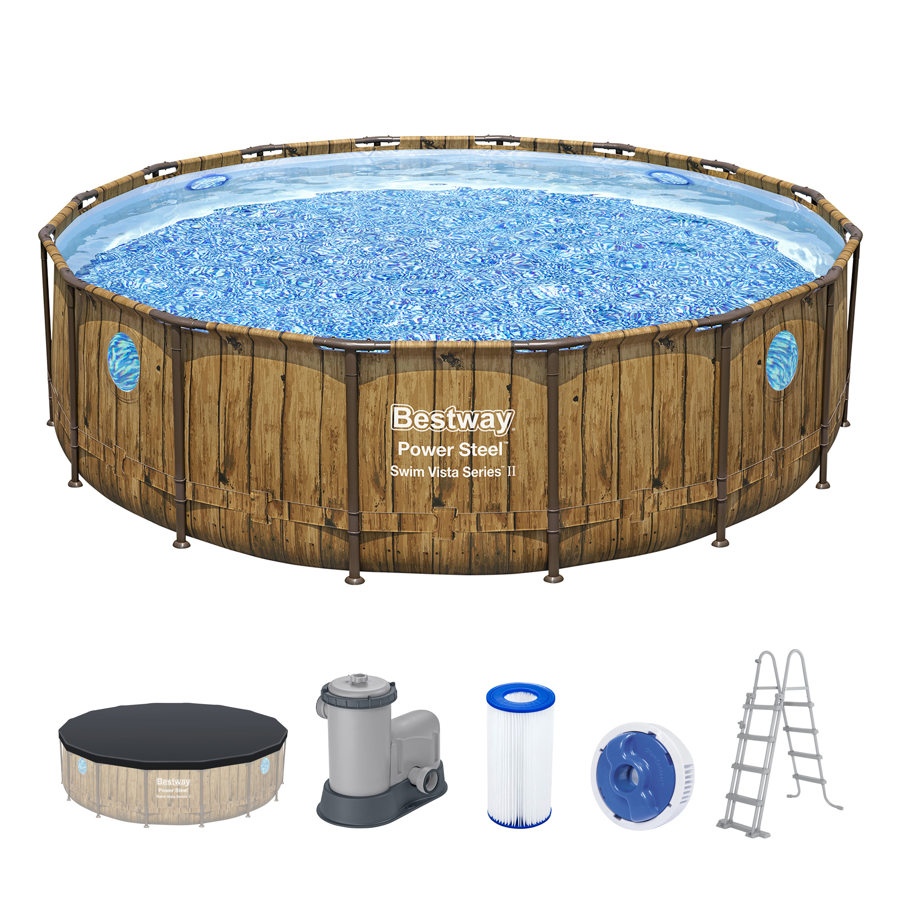 Power Steel™ Swim Vista Series™ Frame Pool Komplett Set mit Filterpumpe Ø 488 x 122 cm, Holz-Optik (Pinie), rund